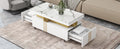 Contemporary Coffee Table With Faux Marble Top, Rectangle Cocktail Table With Caster Wheels, Moderate Luxury Center Table With Gold Metal Bars For Living Room, White White Casters Or Wheels Primary Living Space Freestanding Rectangular Drawers Coffee &