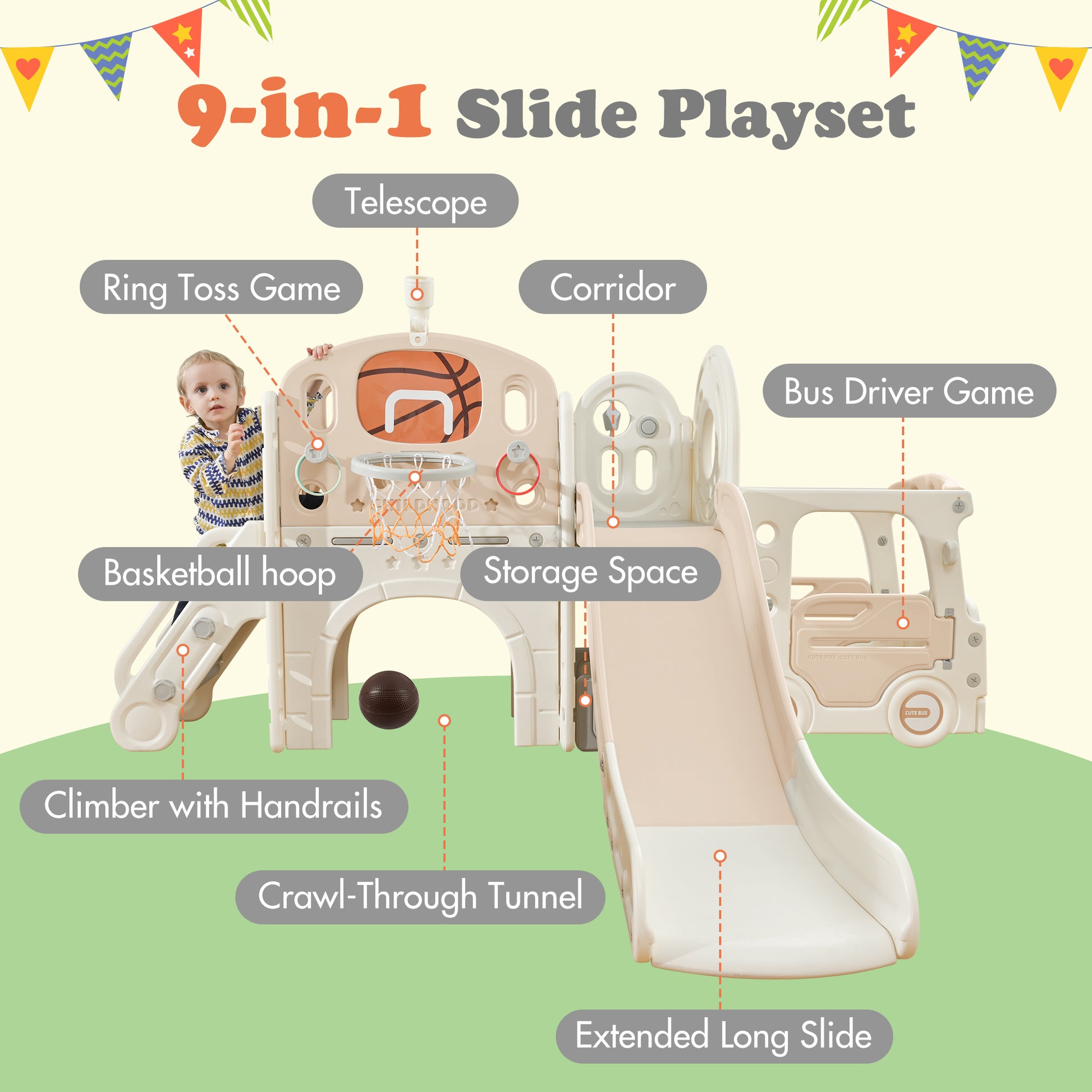 Kids Slide Playset Structure 9 In 1, Freestanding Castle Climbing Crawling Playhouse With Slide, Arch Tunnel, Ring Toss, Realistic Bus Model And Basketball Hoop, Toy Storage Organizer For Toddlers Pink Hdpe