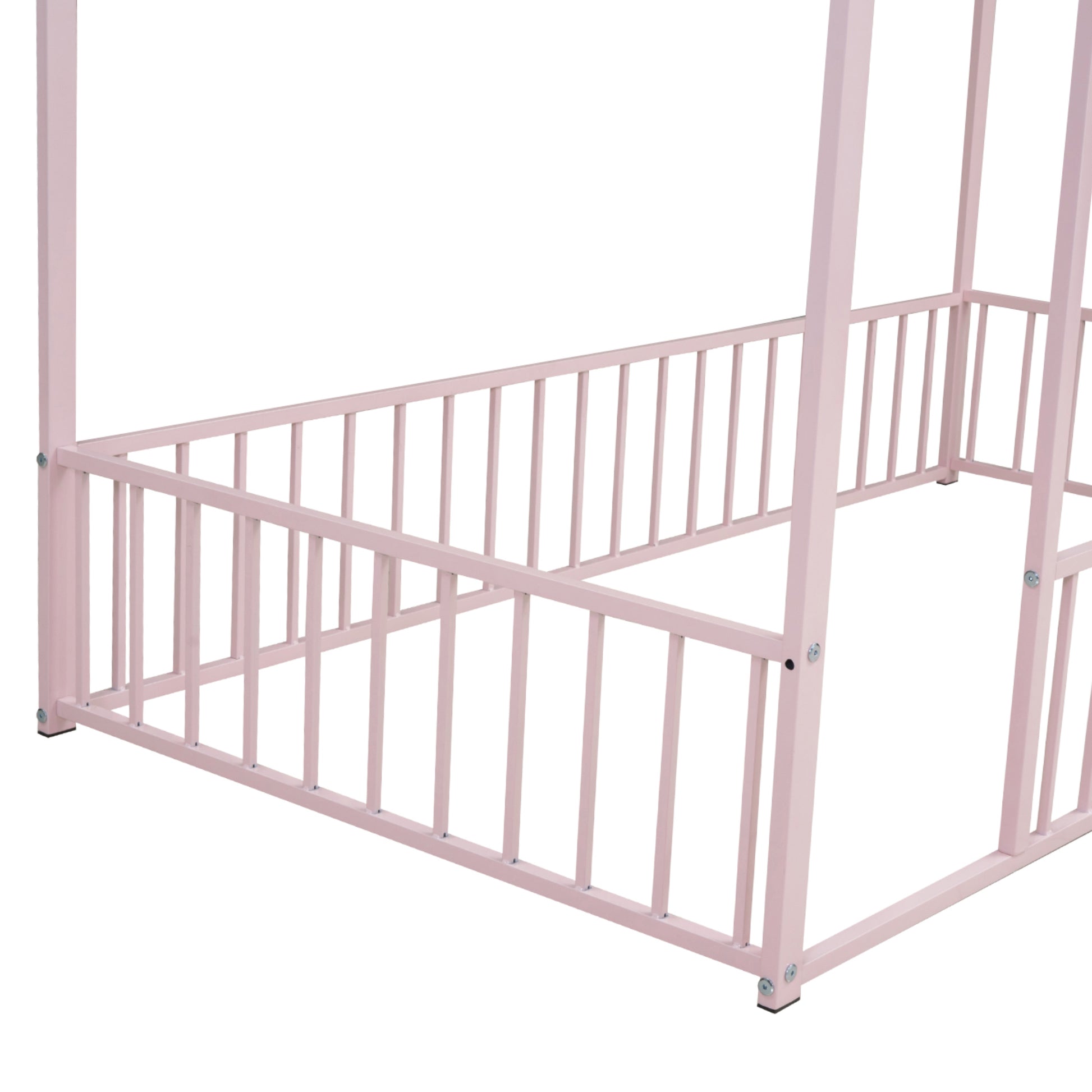 Twin Size Metal Bed House Bed Frame With Fence, For Kids, Teens, Girls, Boys, Pink Twin Pink Metal