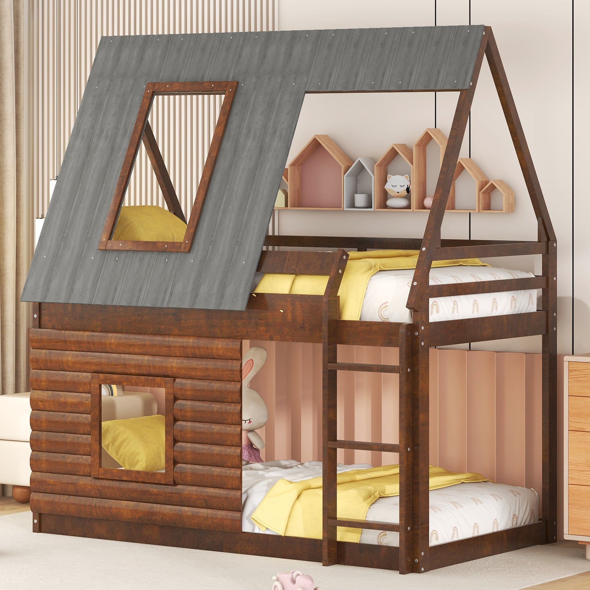 Wood Twin Size House Bunk Bed With Roof, Ladder And 2 Windows, Oak & Smoky Grey Box Spring Not Required Twin Brown Wood Bedroom Pine Solid Wood Mdf