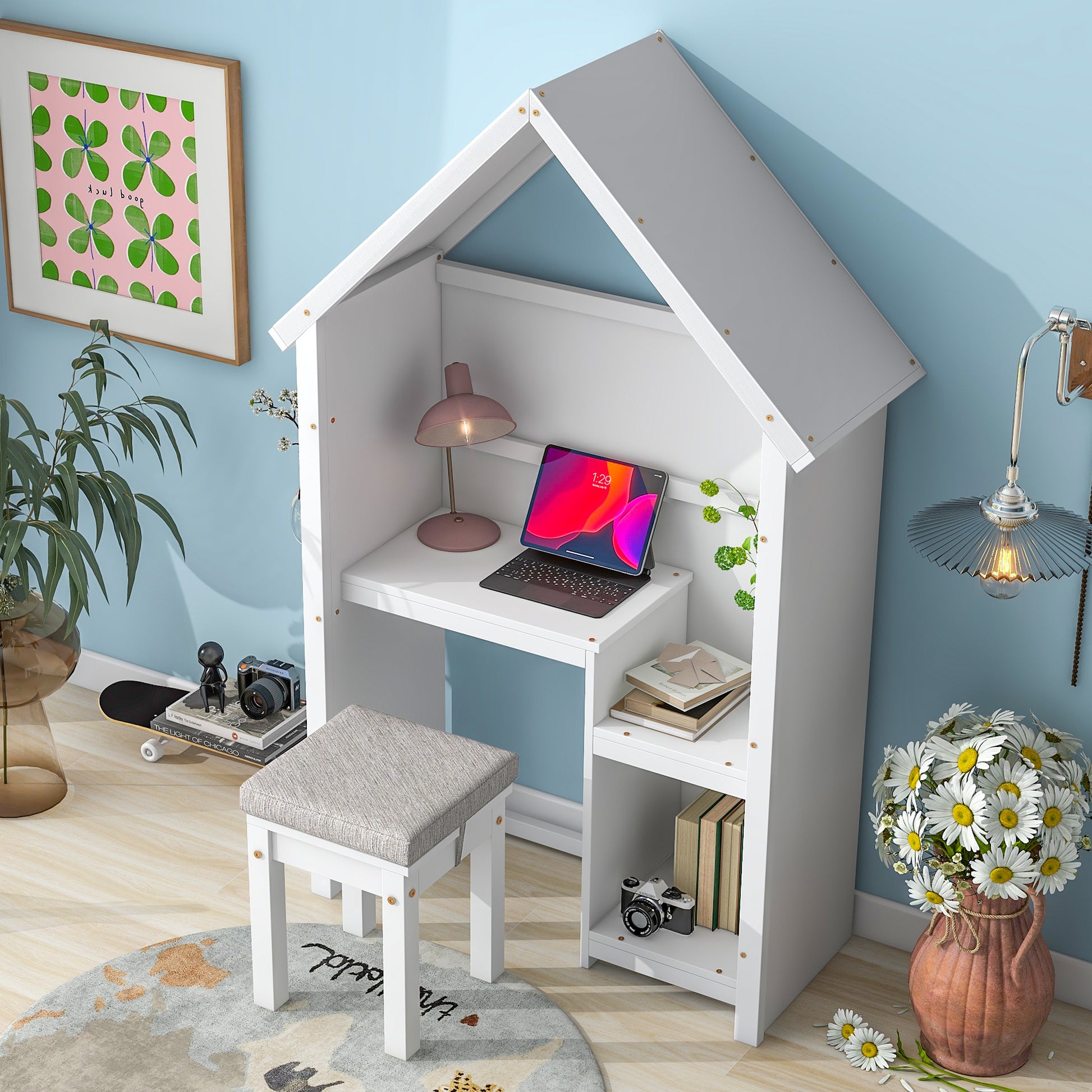 House Shaped Kids Desk With A Cushion Stool,House Style Desk And Stool Set,White White Bedroom American Design Pine Pine