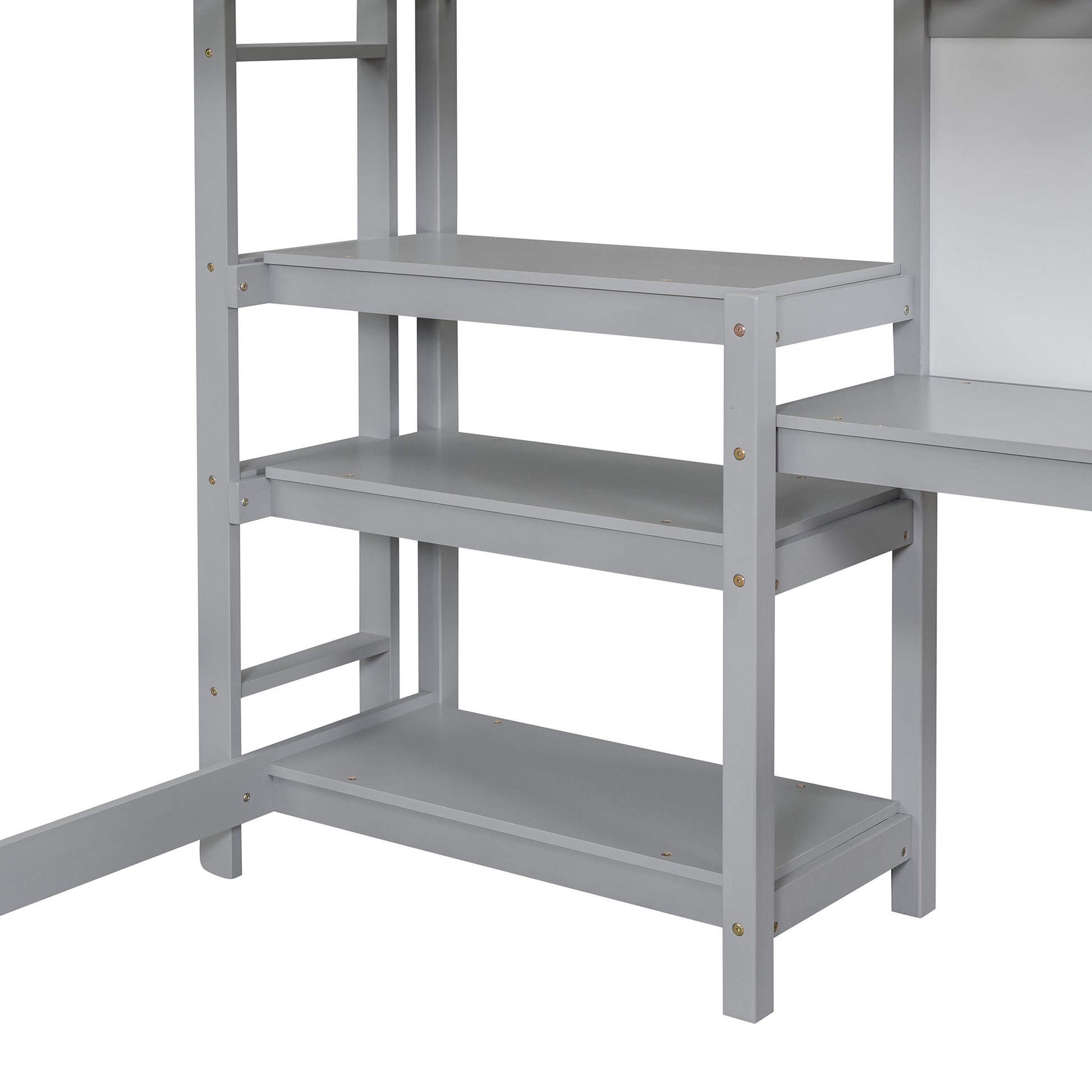 Twin Size Wooden Loft Bed With Shelves, Desk And Writing Board Gray Gray Solid Wood Mdf