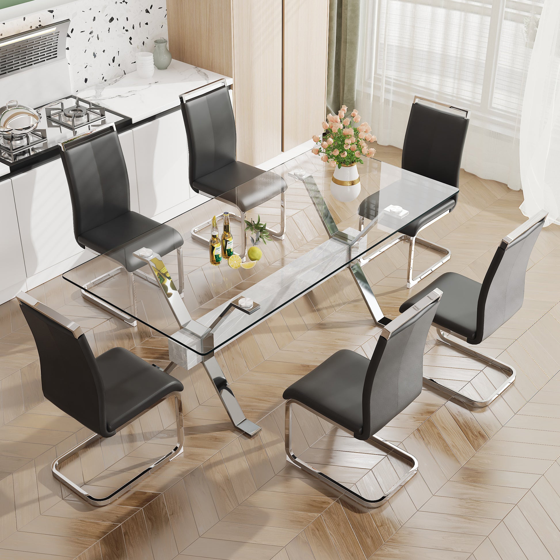 Dining Table. Modern Tempered Glass Dining Table. Large Modern Office Desk With Silver Plated Metal Legs And Mdf Crossbars, Suitable For Both Home And Office Use. Kitchen. 79 ''X39''X30 '' 1105 Transparent Glass