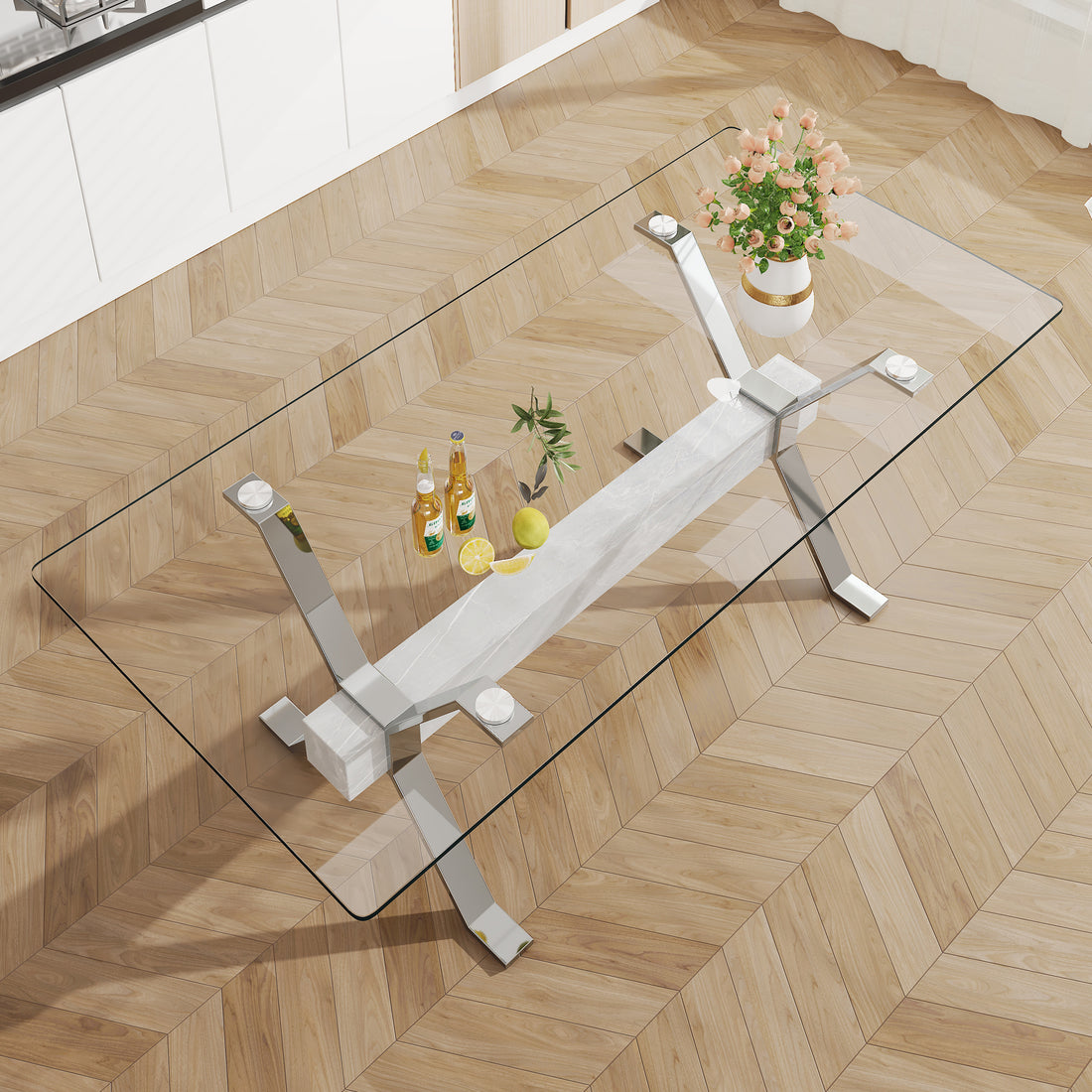 Dining Table. Modern Tempered Glass Dining Table. Large Modern Office Desk With Silver Plated Metal Legs And Mdf Crossbars, Suitable For Both Home And Office Use. Kitchen. 79 ''X39''X30 '' 1105 Transparent Glass