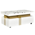 Contemporary Coffee Table With Faux Marble Top, Rectangle Cocktail Table With Caster Wheels, Moderate Luxury Center Table With Gold Metal Bars For Living Room, White White Casters Or Wheels Primary Living Space Freestanding Rectangular Drawers Coffee &