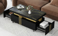 Contemporary Coffee Table With Faux Marble Top, Rectangle Cocktail Table With Caster Wheels, Moderate Luxury Center Table With Gold Metal Bars For Living Room, Black Black Casters Or Wheels Primary Living Space Freestanding Rectangular Drawers Coffee &