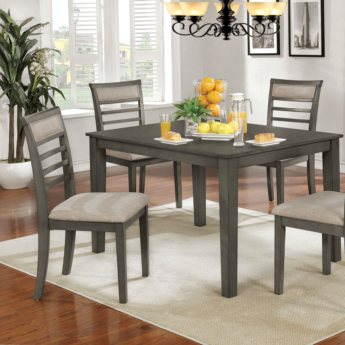 5 Pc Dining Table Set Weathered Gray Dining Chairs & Table Solid Wood Beige Padded Fabric Cushions Slat Back Chair Dining Room Furniture Gray Wood Dining Room Solid Wood Rectangular Dining Table With Chair Wood Upholstered Chair Gray Beige Slat Back