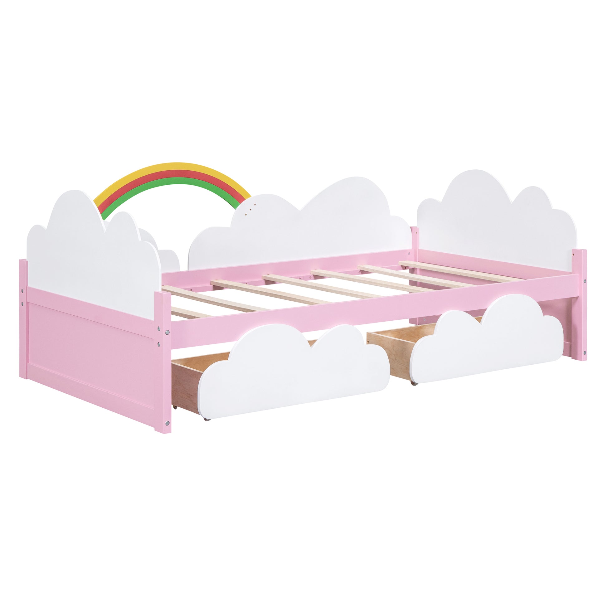 Twin Size Bed With Clouds And Rainbow Decor Pink White Plywood