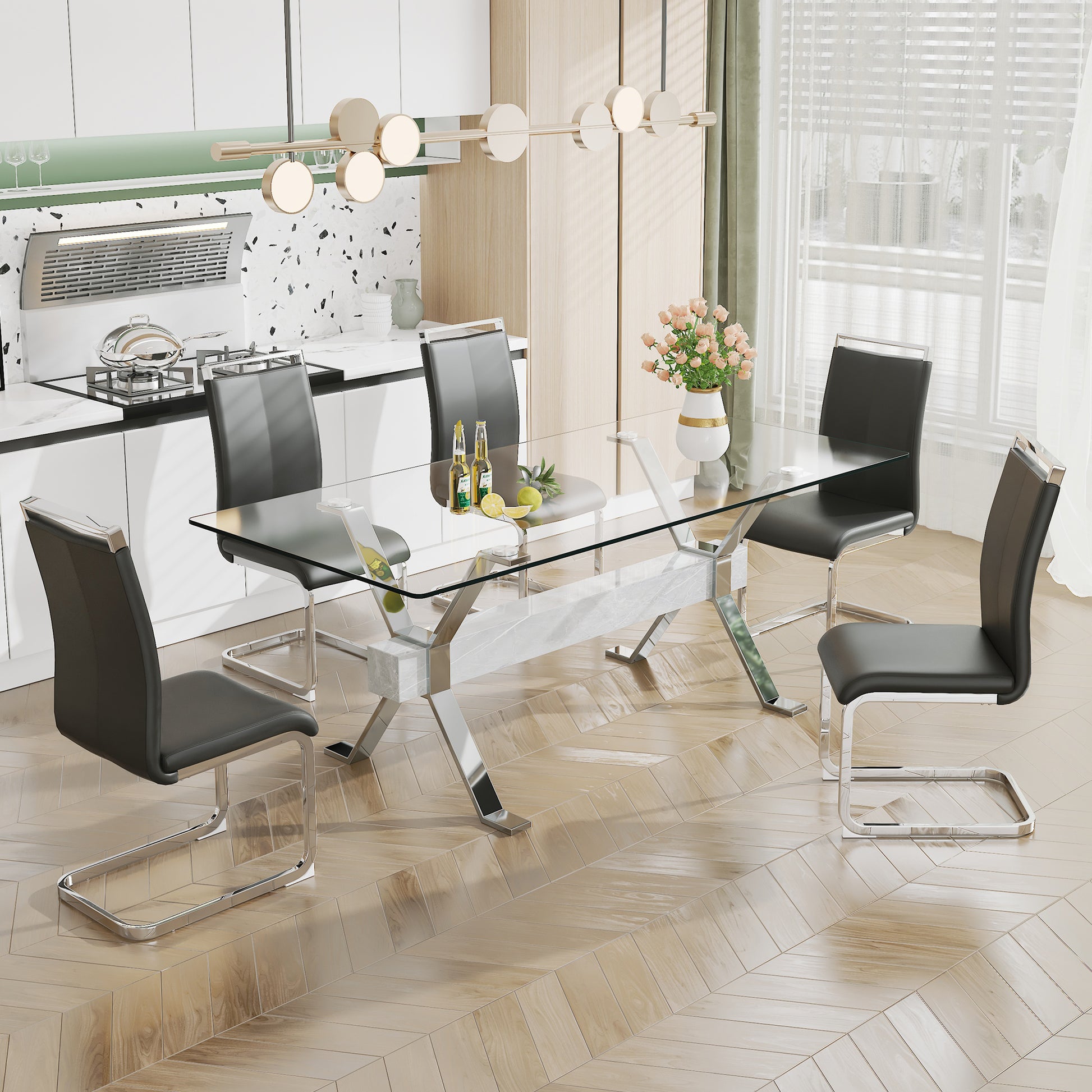 Dining Table. Modern Tempered Glass Dining Table. Large Modern Office Desk With Silver Plated Metal Legs And Mdf Crossbars, Suitable For Both Home And Office Use. Kitchen. 79 ''X39''X30 '' 1105 Transparent Glass