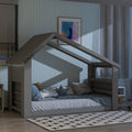 Twin House Floor Bed With Roof Window, Led Light,Grey Twin Grey Wood Bedroom American Design Pine Pine