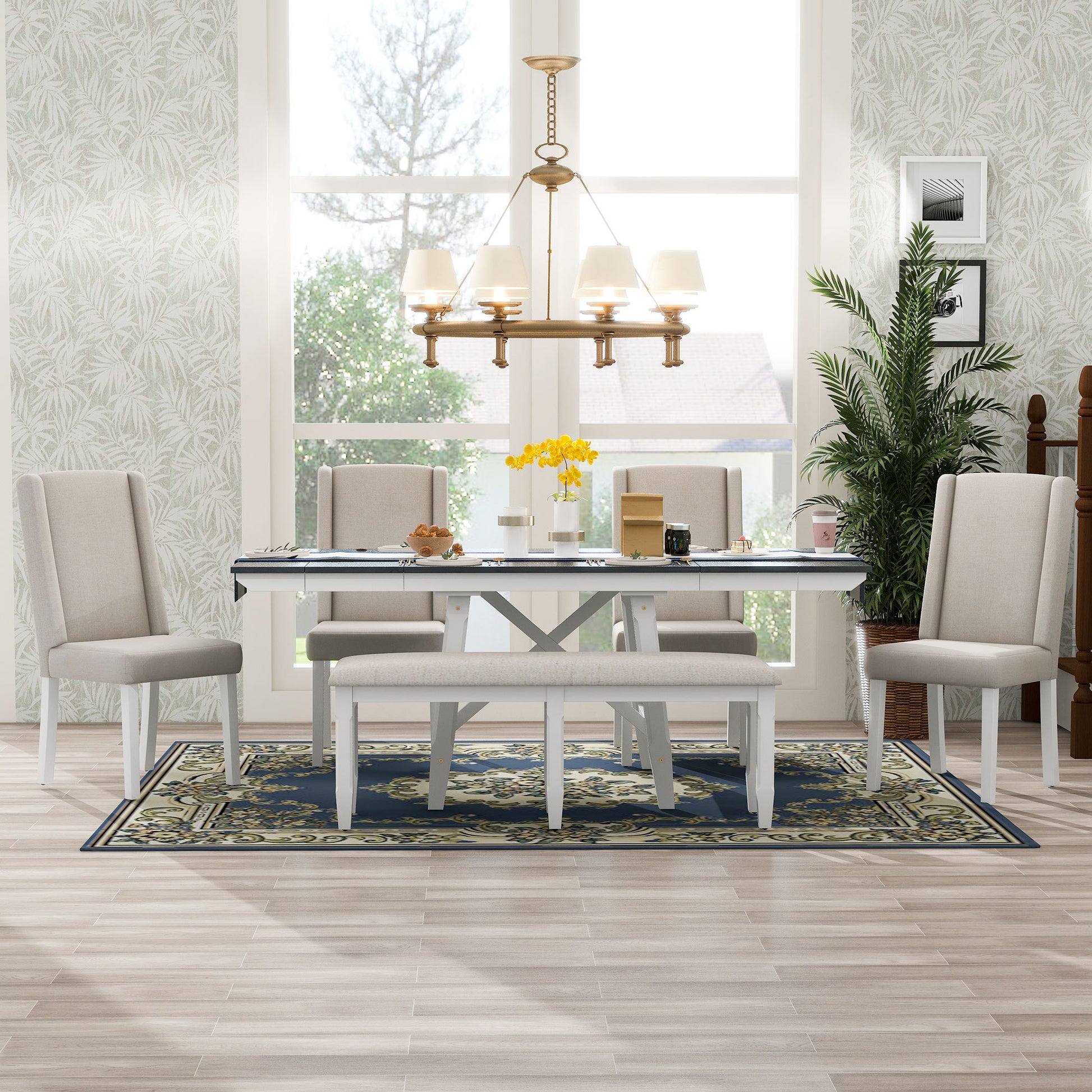 6 Piece Classic Dining Table Set, Rectangular Extendable Dining Table With Two 12"W Removable Leaves And 4 Upholstered Chairs & 1 Bench For Dining Room Gray White White Gray Solid Wood