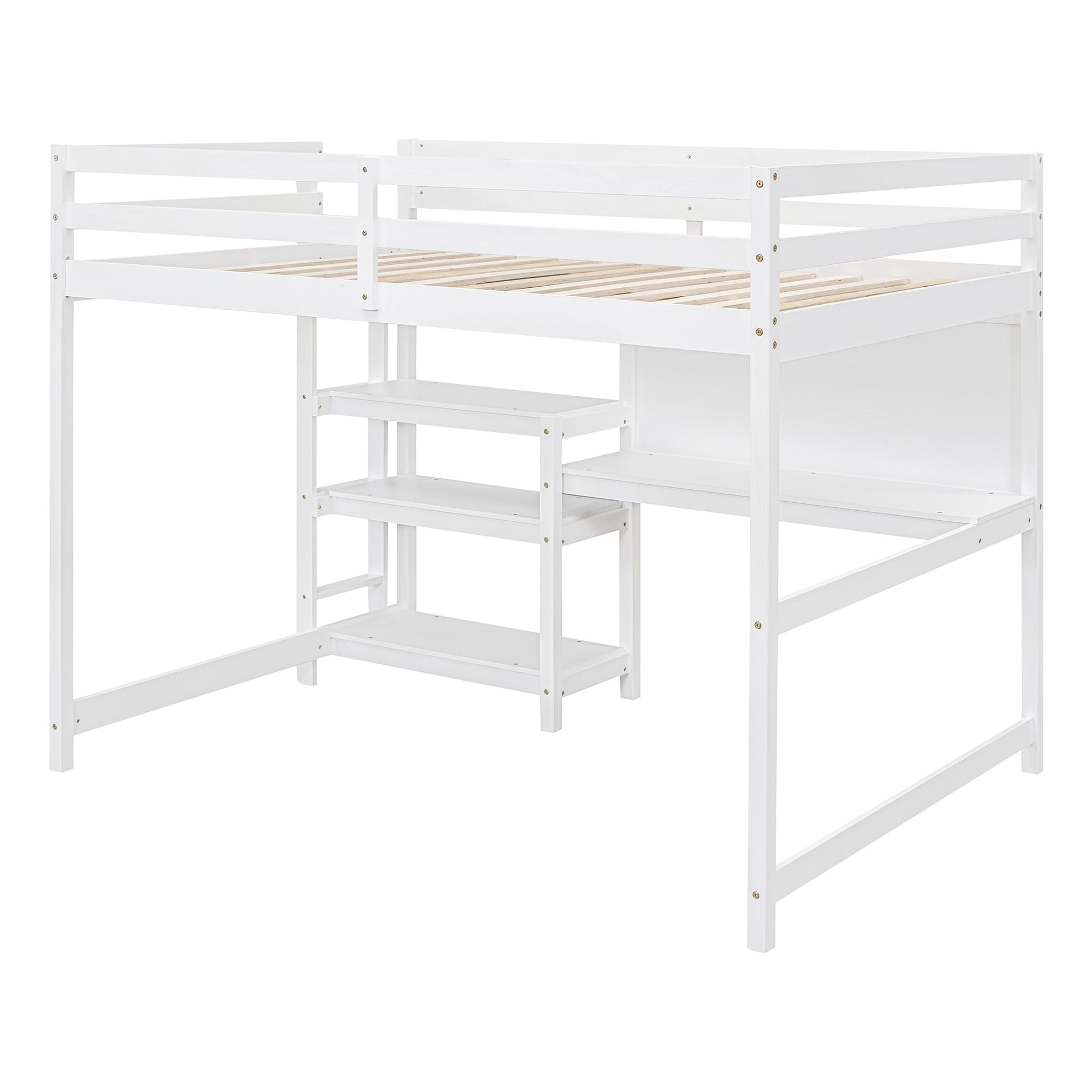 Full Size Wooden Loft Bed With Shelves, Desk And Writing Board White Full White Solid Wood Mdf