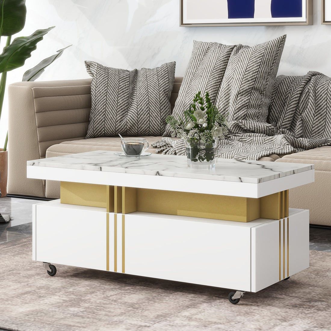 Contemporary Coffee Table With Faux Marble Top, Rectangle Cocktail Table With Caster Wheels, Moderate Luxury Center Table With Gold Metal Bars For Living Room, White White Casters Or Wheels Primary Living Space Freestanding Rectangular Drawers Coffee &