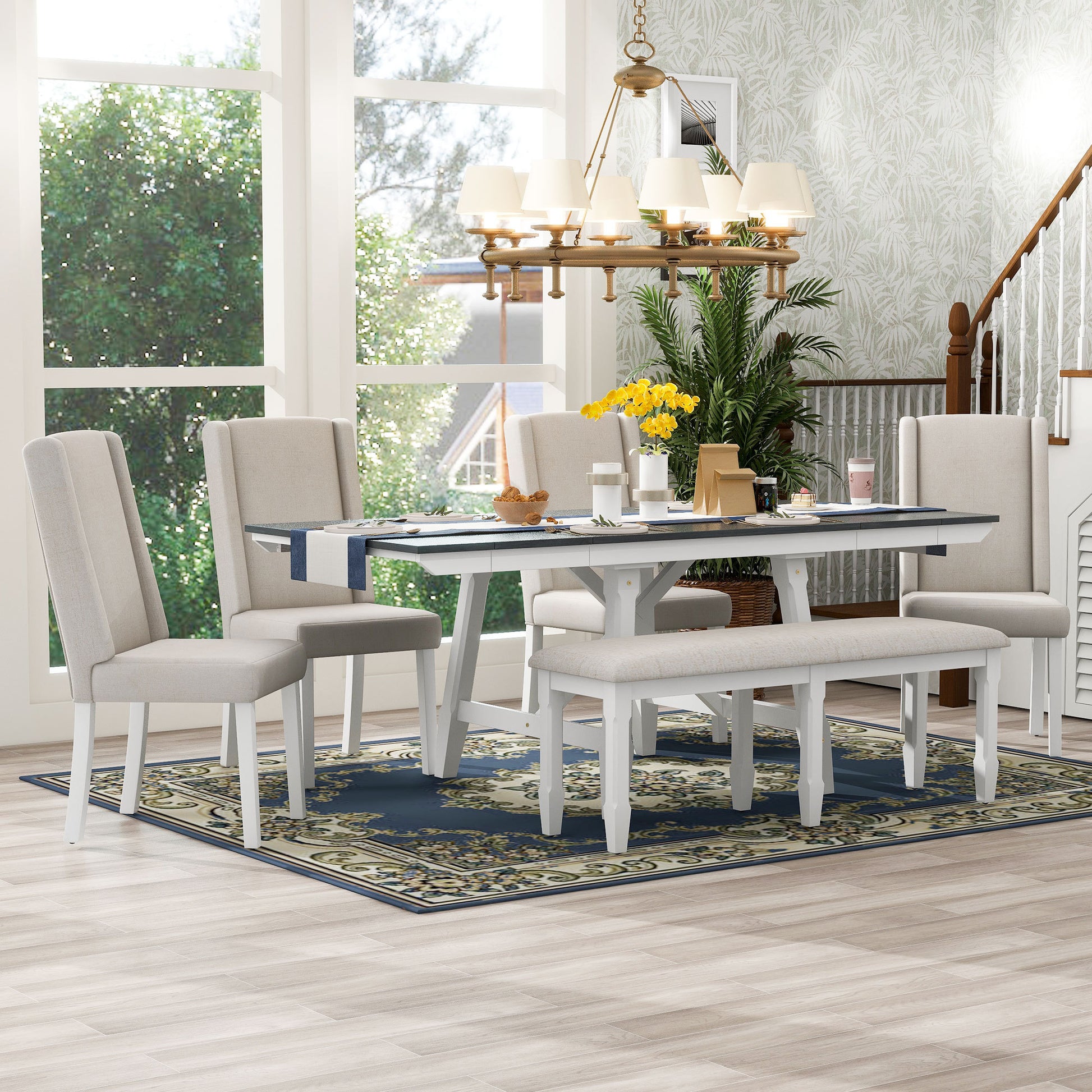 6 Piece Classic Dining Table Set, Rectangular Extendable Dining Table With Two 12"W Removable Leaves And 4 Upholstered Chairs & 1 Bench For Dining Room Gray White White Gray Solid Wood