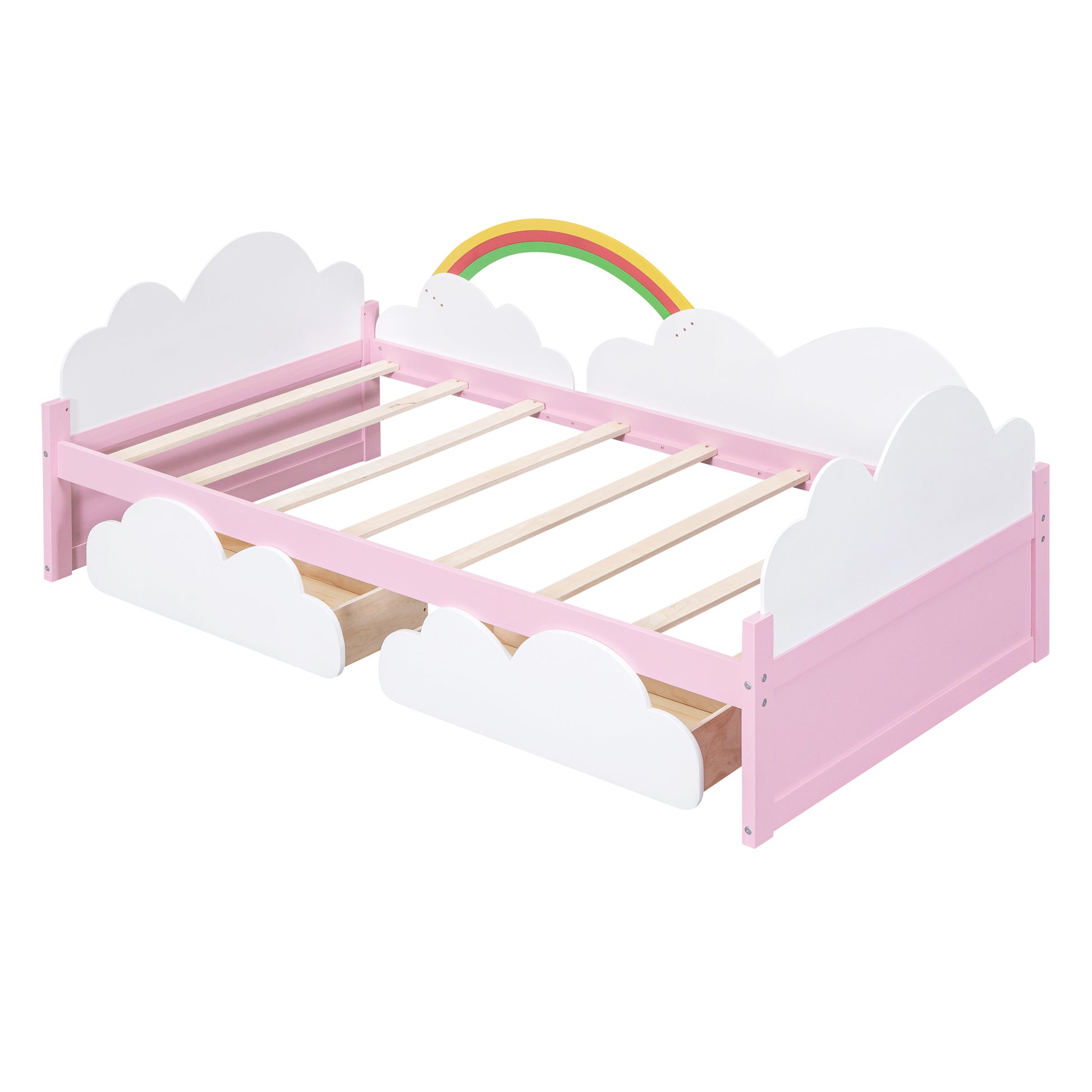 Twin Size Bed With Clouds And Rainbow Decor Pink White Plywood
