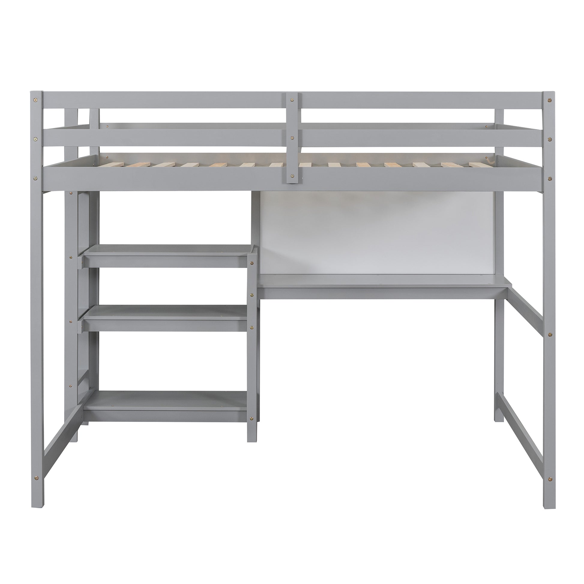 Full Size Wooden Loft Bed With Shelves, Desk And Writing Board Gray Full Gray Solid Wood Mdf