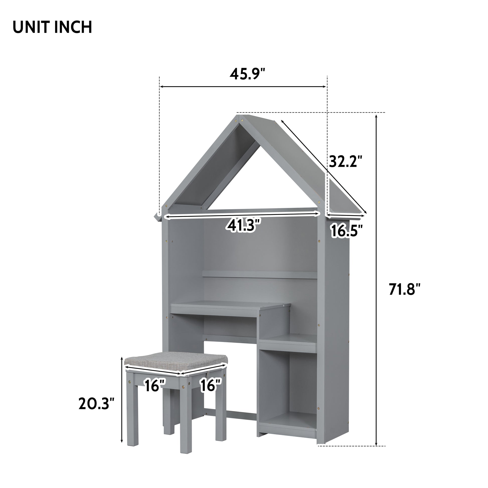 House Shaped Kids Desk With A Cushion Stool,House Style Desk And Stool Set,Grey Grey Bedroom American Design Pine Pine