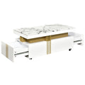 Contemporary Coffee Table With Faux Marble Top, Rectangle Cocktail Table With Caster Wheels, Moderate Luxury Center Table With Gold Metal Bars For Living Room, White White Casters Or Wheels Primary Living Space Freestanding Rectangular Drawers Coffee &