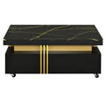 Contemporary Coffee Table With Faux Marble Top, Rectangle Cocktail Table With Caster Wheels, Moderate Luxury Center Table With Gold Metal Bars For Living Room, Black Black Casters Or Wheels Primary Living Space Freestanding Rectangular Drawers Coffee &