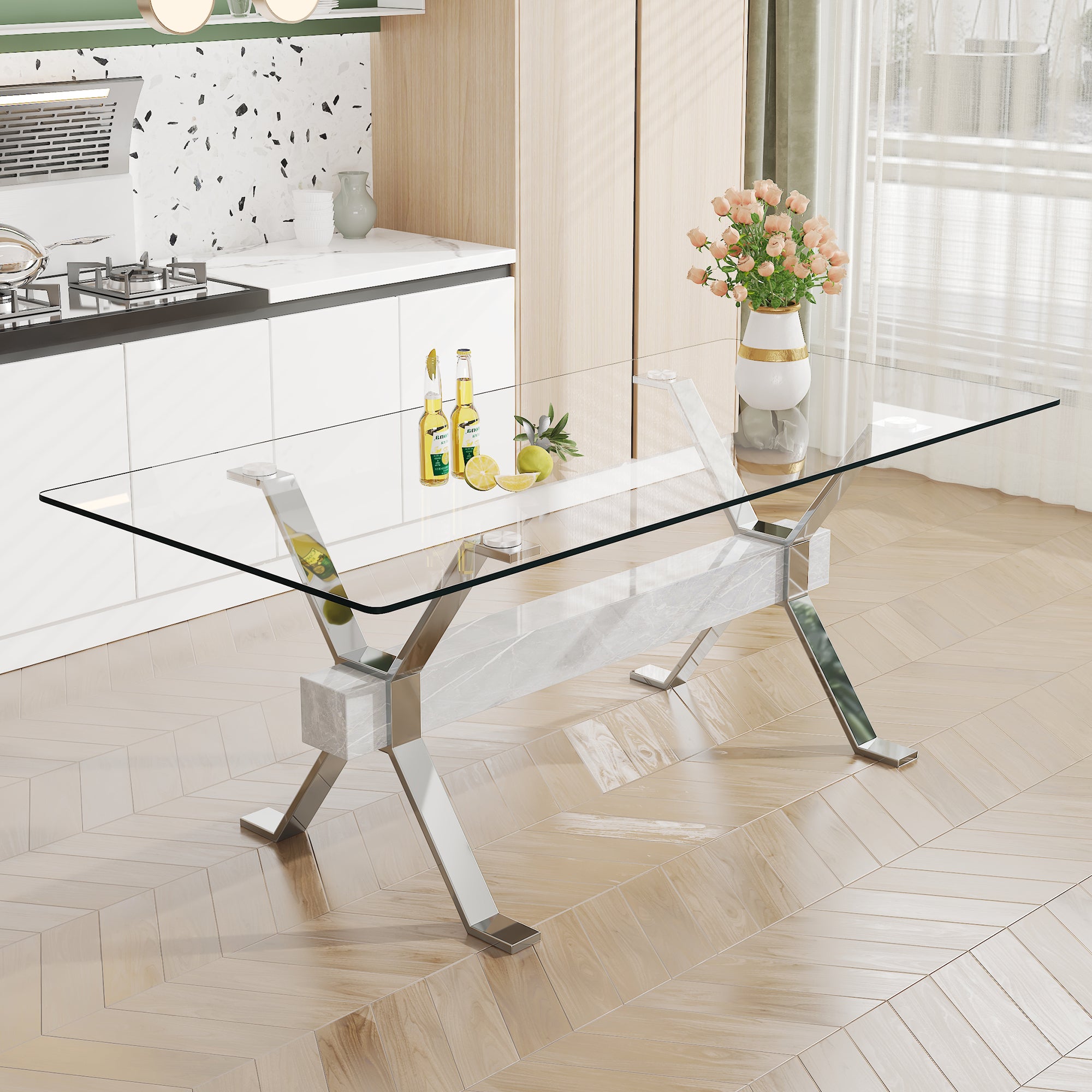 Dining Table. Modern Tempered Glass Dining Table. Large Modern Office Desk With Silver Plated Metal Legs And Mdf Crossbars, Suitable For Both Home And Office Use. Kitchen. 79 ''X39''X30 '' 1105 Transparent Glass