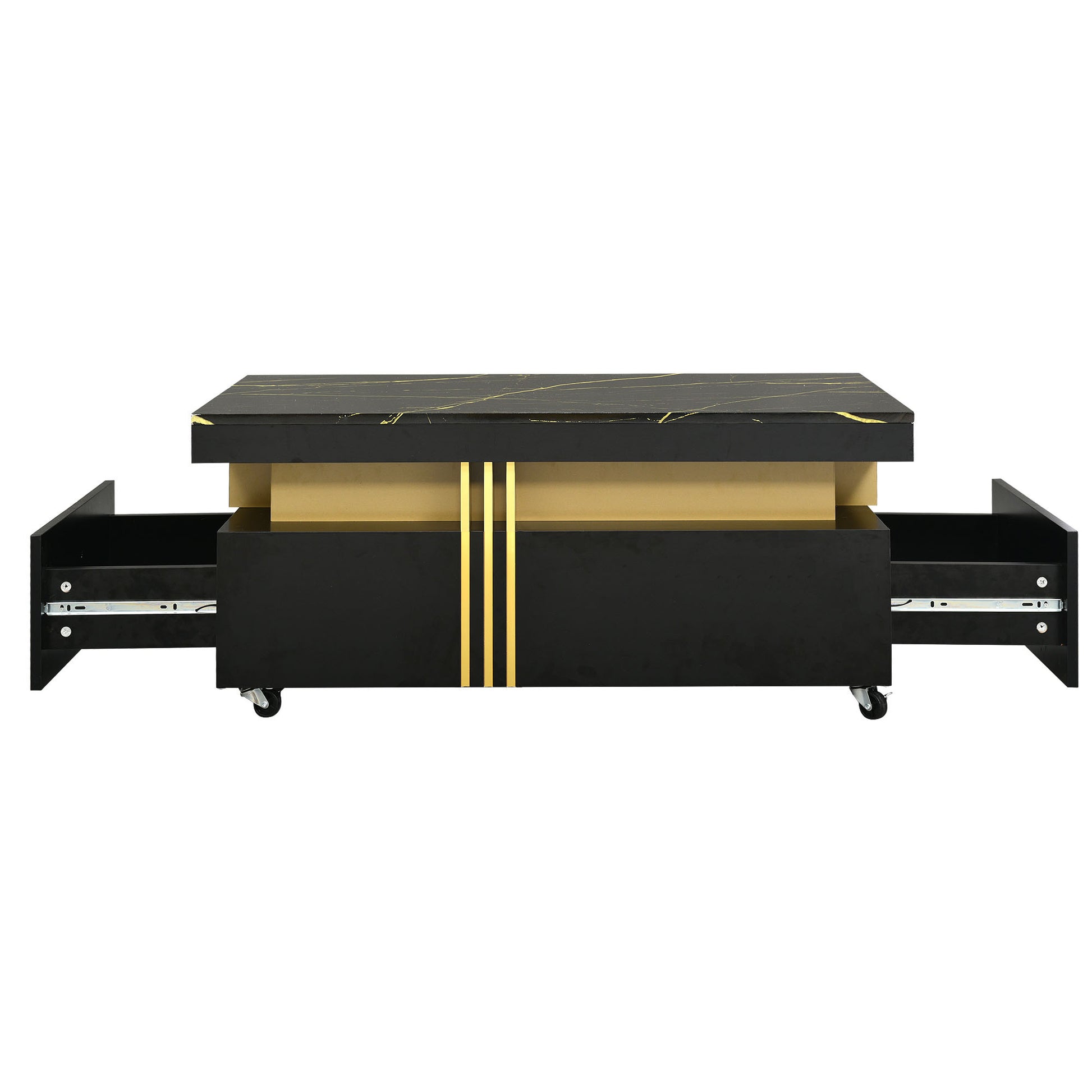 Contemporary Coffee Table With Faux Marble Top, Rectangle Cocktail Table With Caster Wheels, Moderate Luxury Center Table With Gold Metal Bars For Living Room, Black Black Casters Or Wheels Primary Living Space Freestanding Rectangular Drawers Coffee &