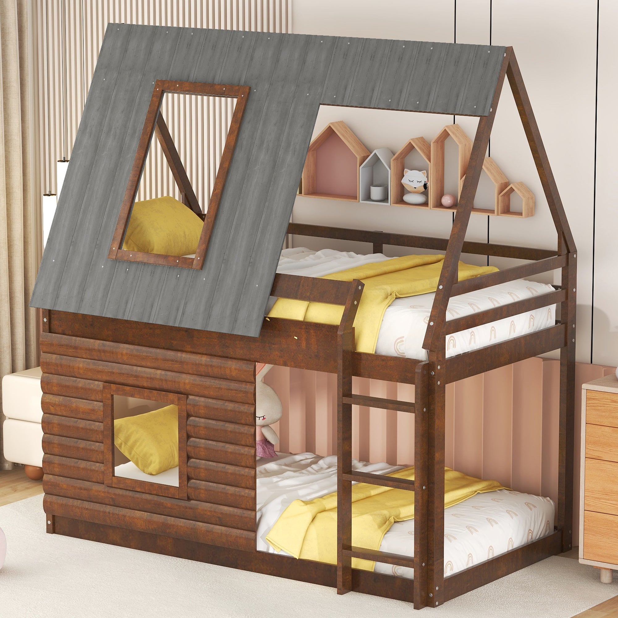 Wood Twin Size House Bunk Bed With Roof, Ladder And 2 Windows, Oak & Smoky Grey Box Spring Not Required Twin Brown Wood Bedroom Pine Solid Wood Mdf