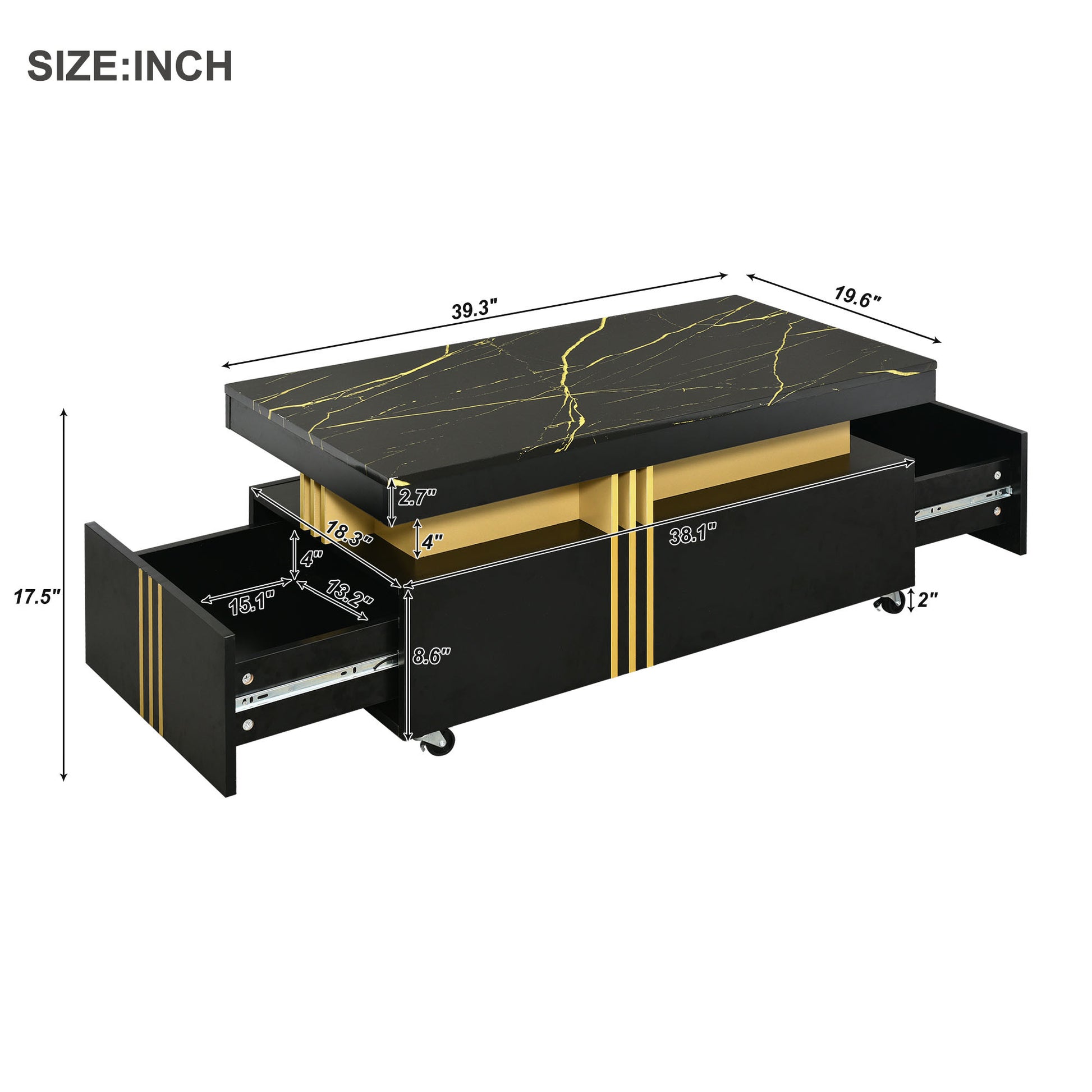 Contemporary Coffee Table With Faux Marble Top, Rectangle Cocktail Table With Caster Wheels, Moderate Luxury Center Table With Gold Metal Bars For Living Room, Black Black Casters Or Wheels Primary Living Space Freestanding Rectangular Drawers Coffee &