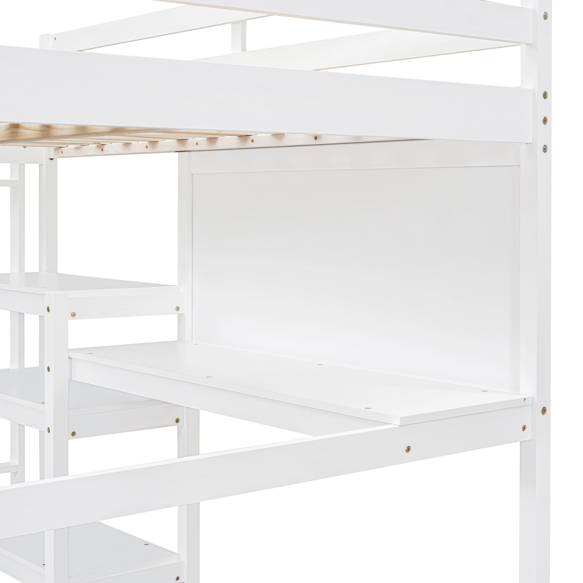 Full Size Wooden Loft Bed With Shelves, Desk And Writing Board White Full White Solid Wood Mdf