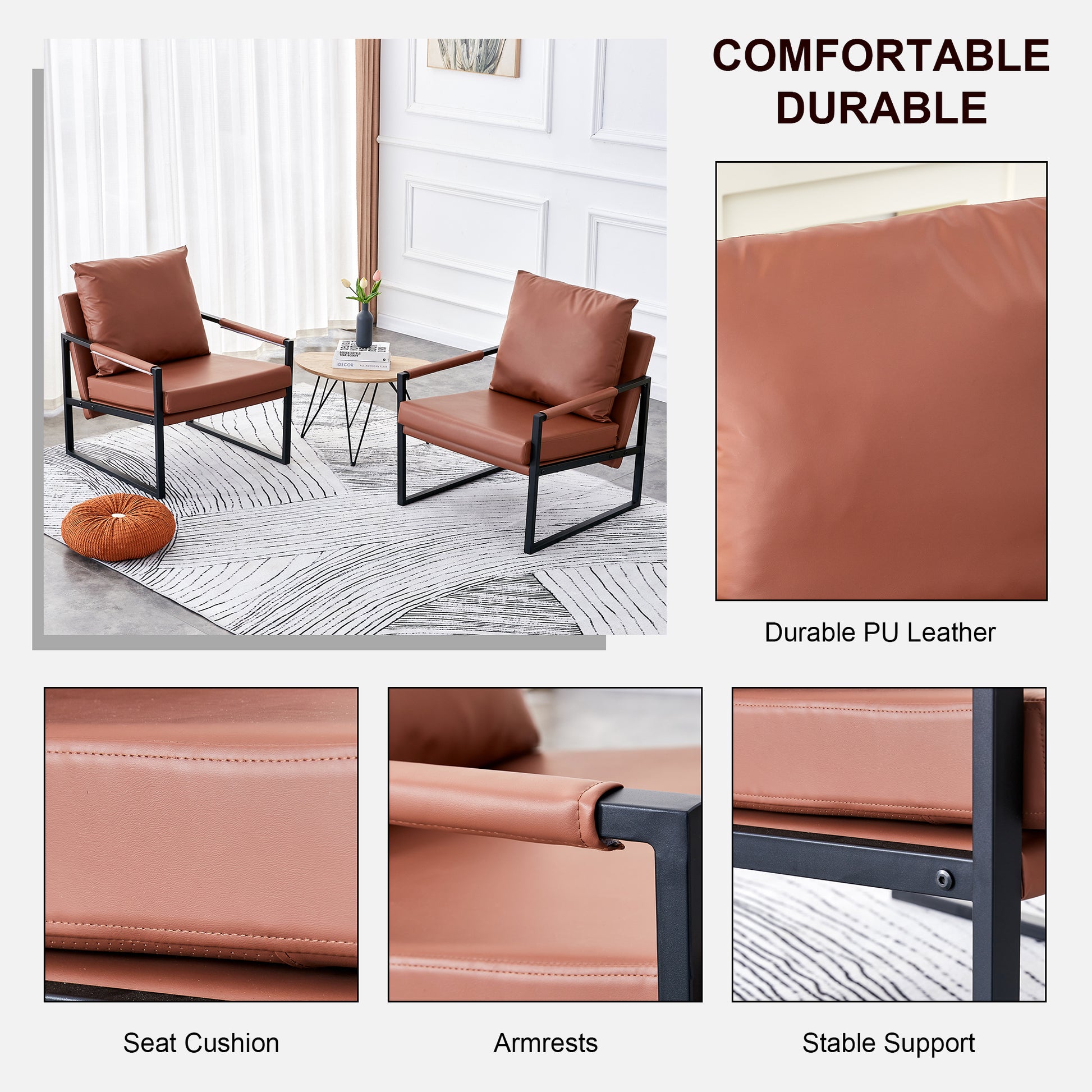 2 Piece Set Of Sofa Chairs. Pu Leather Armchair Modern Metal Frame Upholstered Armchair Super Thick Upholstered Backrest And Cushion Living Room Sofa Chair Brown Pu Leather Metal Frame Foam Sf 008 Brown Foam Pu