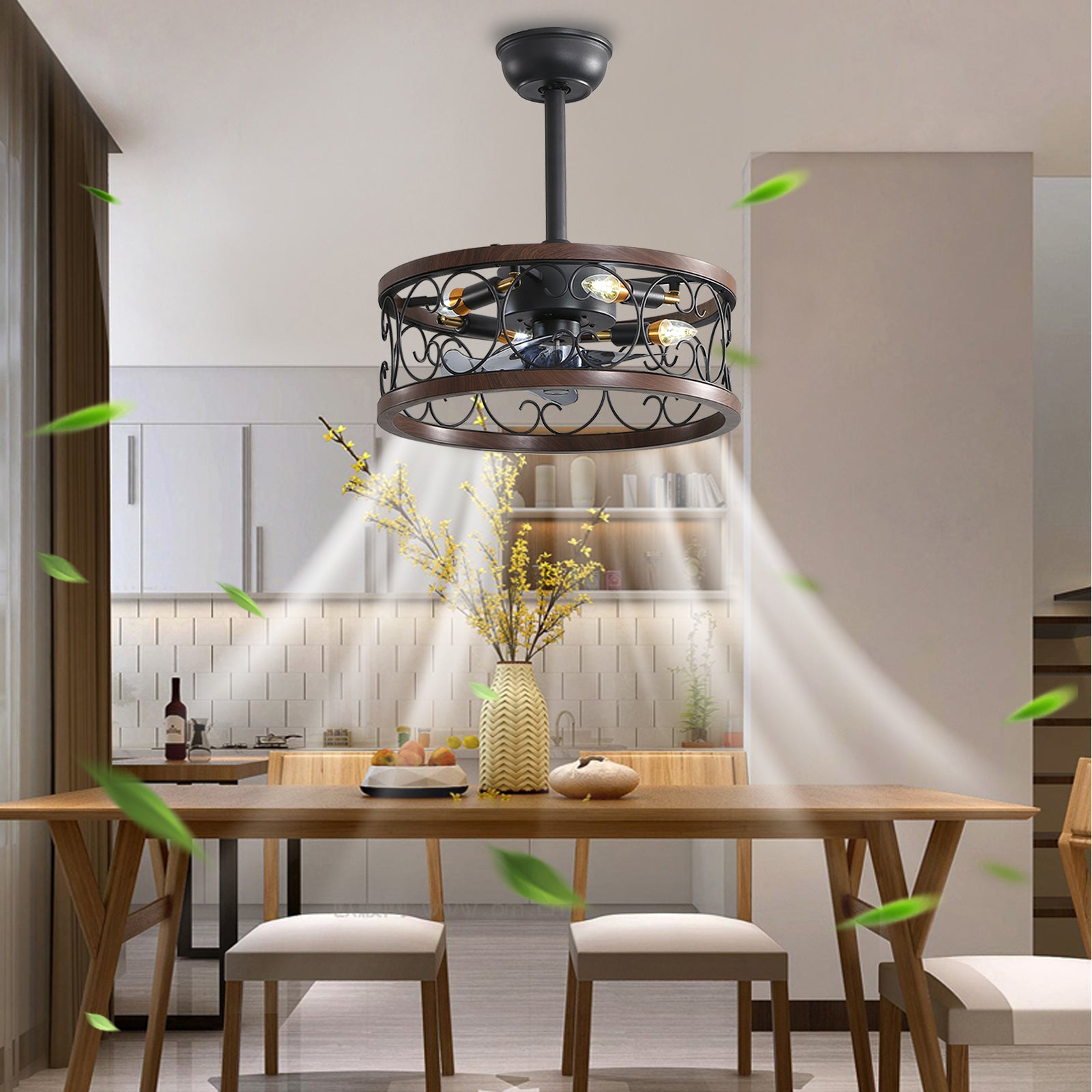 18Inch Caged Ceiling Fan With Lights Remote Control For App Note:No On Bulbs Brown Retro Iron