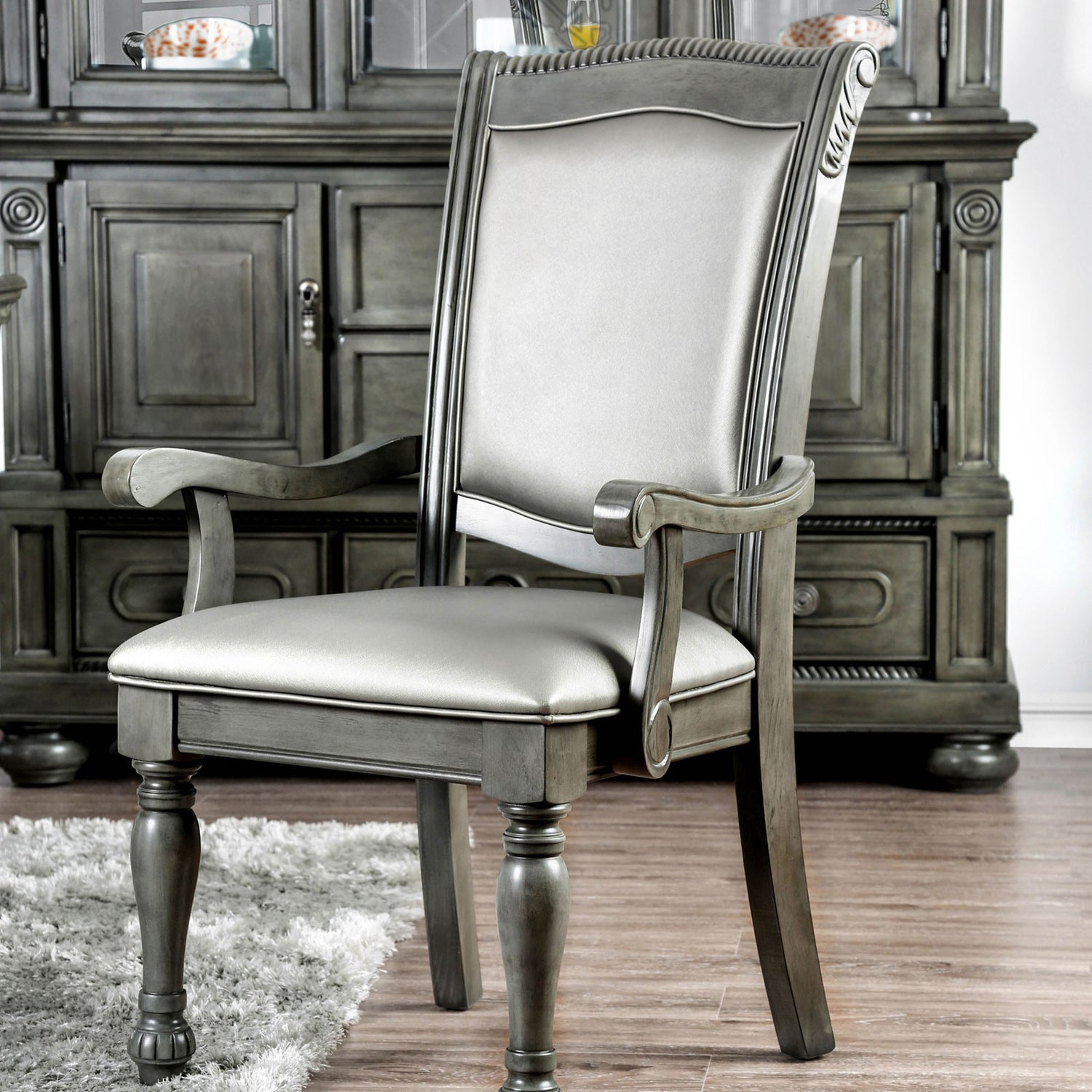 Glorious Classic Traditional Dining Chairs Gray Color Solid Woodcushion Seat Set Of 2Pc Arm Chairs Turned Legs Kitchen Dining Room Gray Gray Dining Room Traditional Arm Chair Solid Back Solid Wood