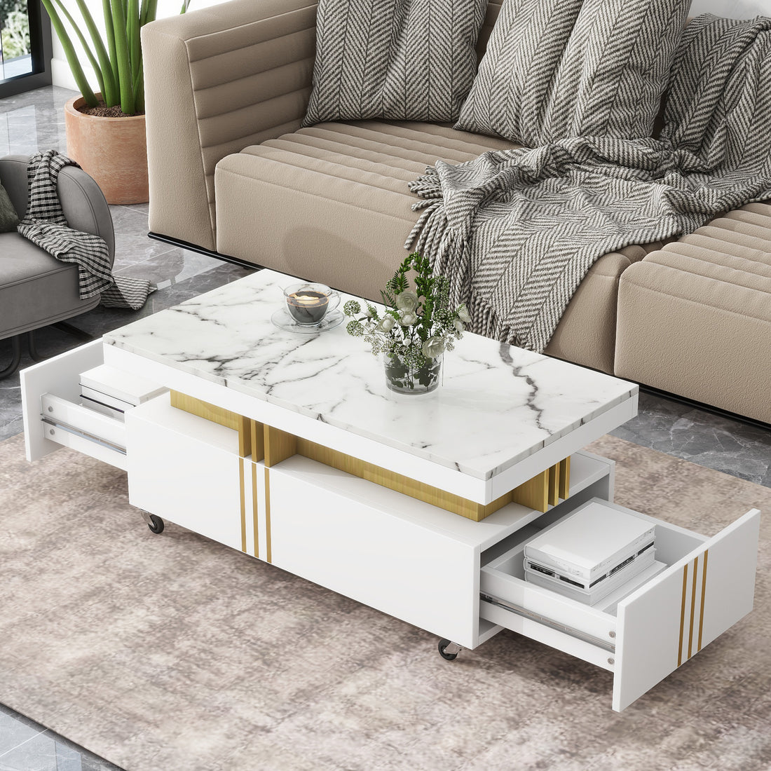 Contemporary Coffee Table With Faux Marble Top, Rectangle Cocktail Table With Caster Wheels, Moderate Luxury Center Table With Gold Metal Bars For Living Room, White White Casters Or Wheels Primary Living Space Freestanding Rectangular Drawers Coffee &