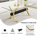 Dining Table. Modern Tempered Glass Dining Table. Large Modern Office Desk With Gold Plated Metal Legs And Mdf Crossbars, Suitable For Both Home And Office Use. Kitchen. 79 ''X39''X30 '' 1105 Transparent Glass