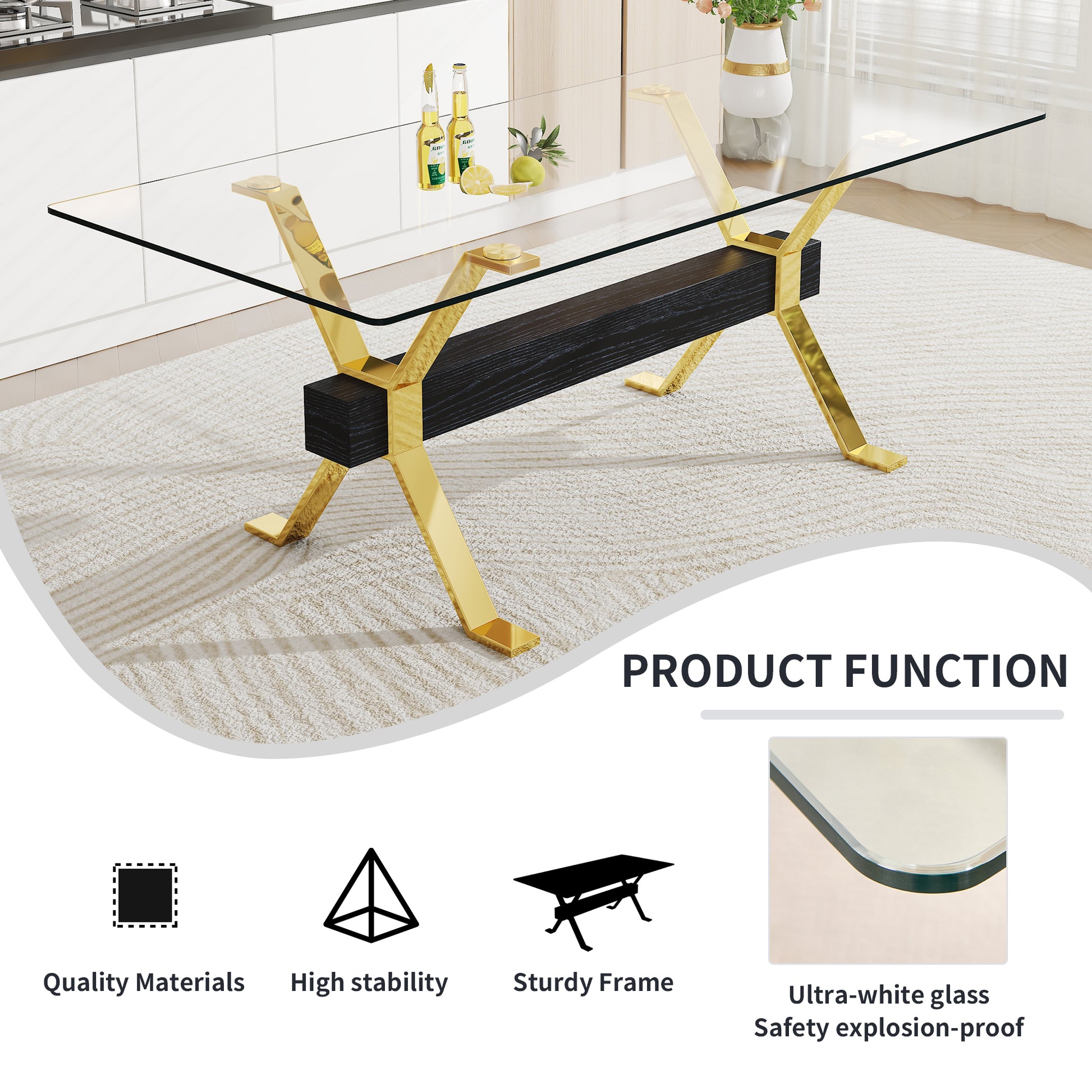 Dining Table. Modern Tempered Glass Dining Table. Large Modern Office Desk With Gold Plated Metal Legs And Mdf Crossbars, Suitable For Both Home And Office Use. Kitchen. 79 ''X39''X30 '' 1105 Transparent Glass