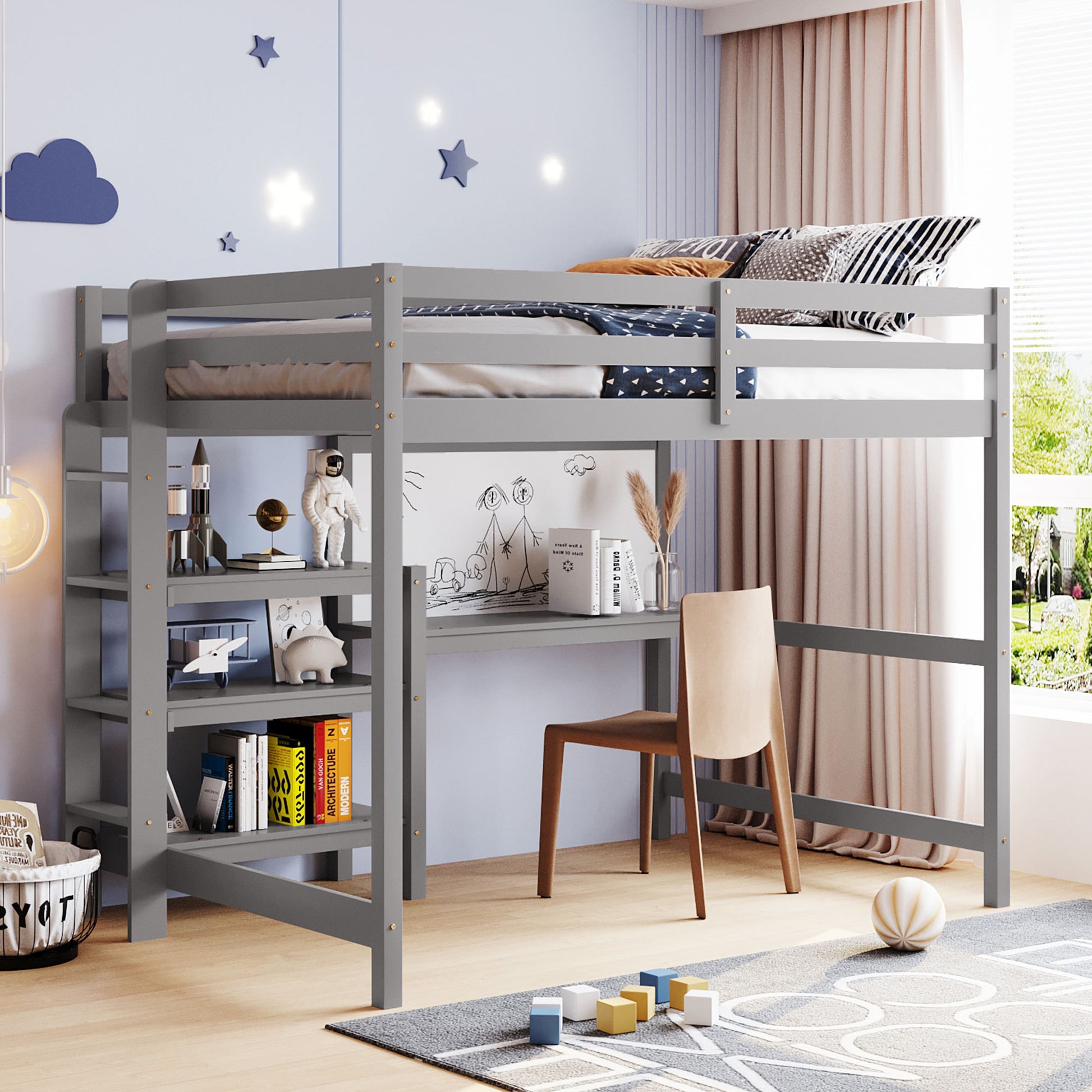 Full Size Wooden Loft Bed With Shelves, Desk And Writing Board Gray Full Gray Solid Wood Mdf