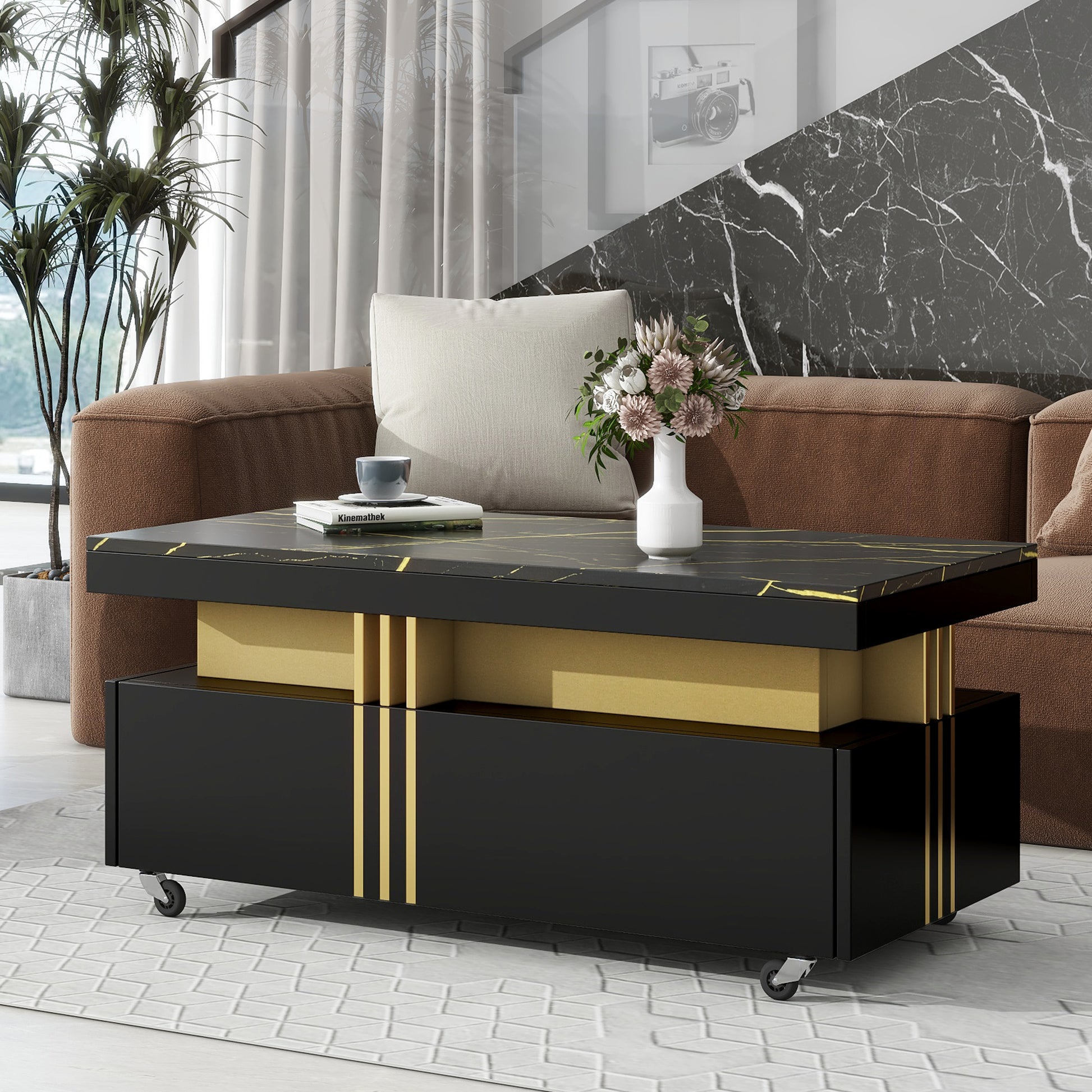 Contemporary Coffee Table With Faux Marble Top, Rectangle Cocktail Table With Caster Wheels, Moderate Luxury Center Table With Gold Metal Bars For Living Room, Black Black Casters Or Wheels Primary Living Space Freestanding Rectangular Drawers Coffee &