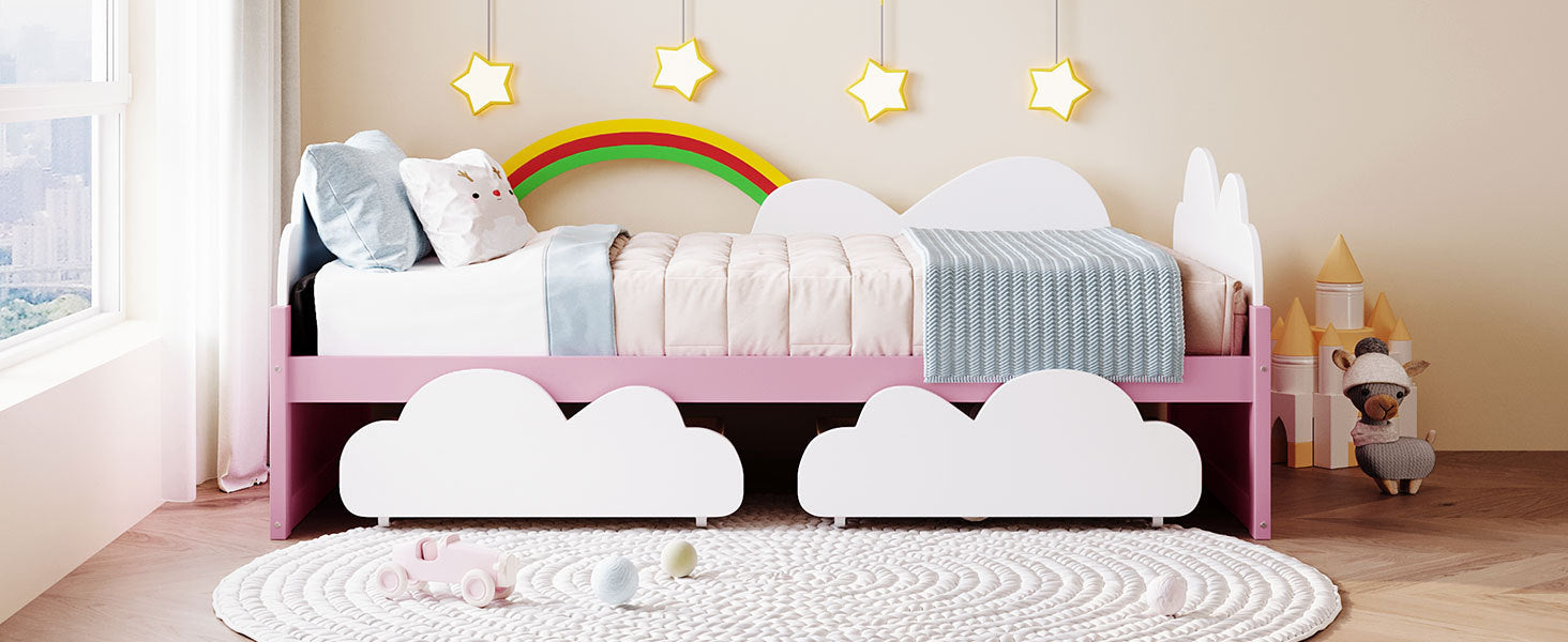 Twin Size Bed With Clouds And Rainbow Decor Pink White Plywood