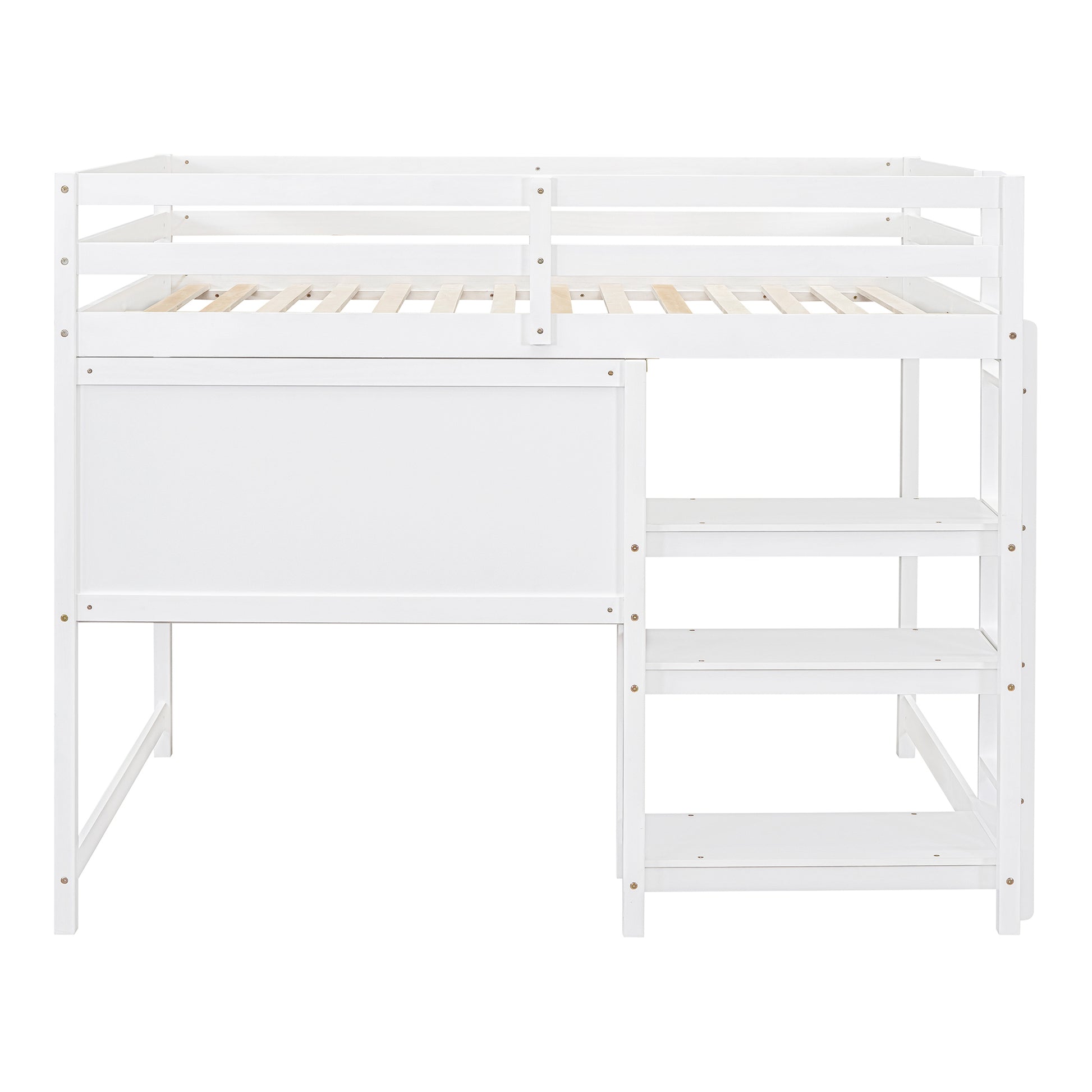 Full Size Wooden Loft Bed With Shelves, Desk And Writing Board White Full White Solid Wood Mdf