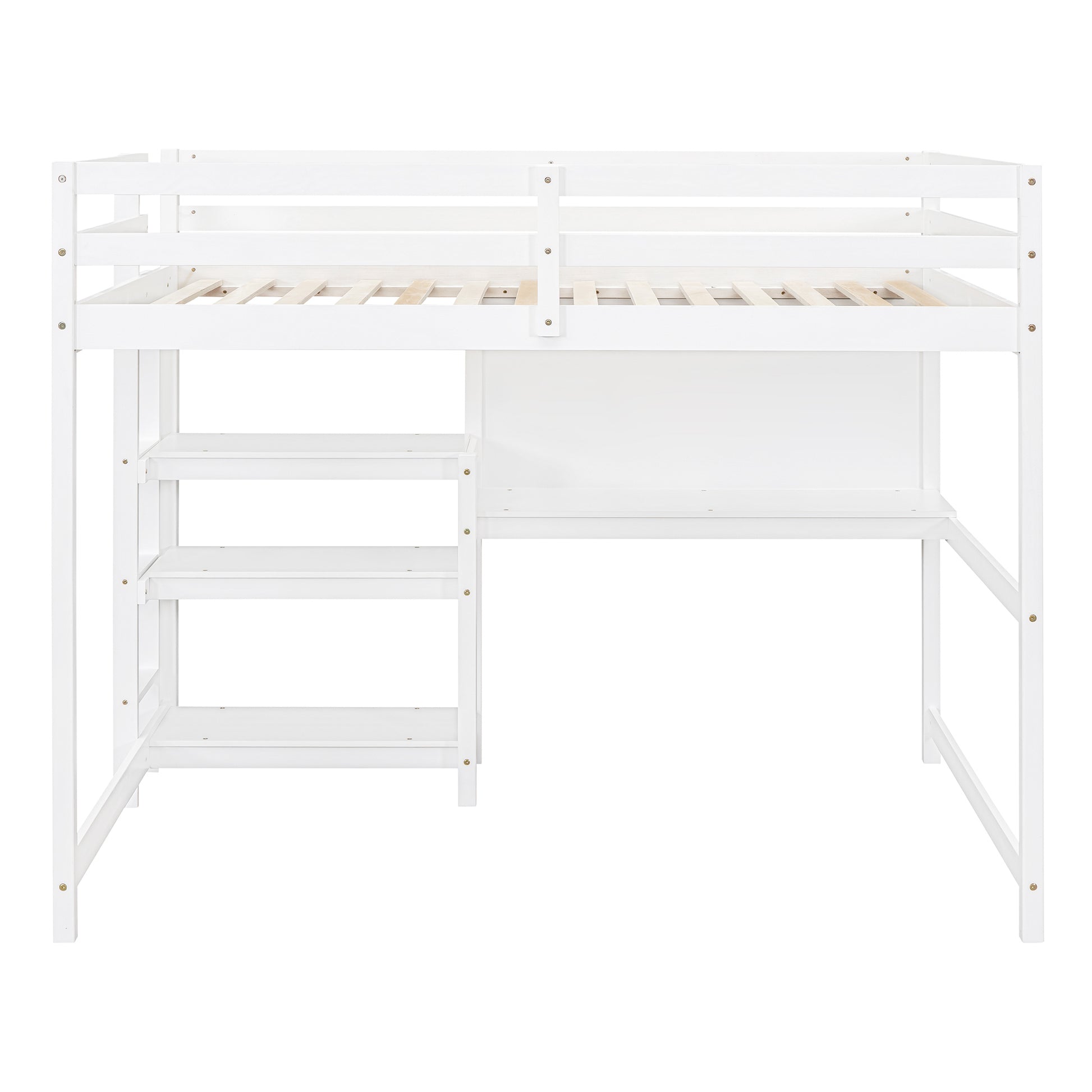 Full Size Wooden Loft Bed With Shelves, Desk And Writing Board White Full White Solid Wood Mdf