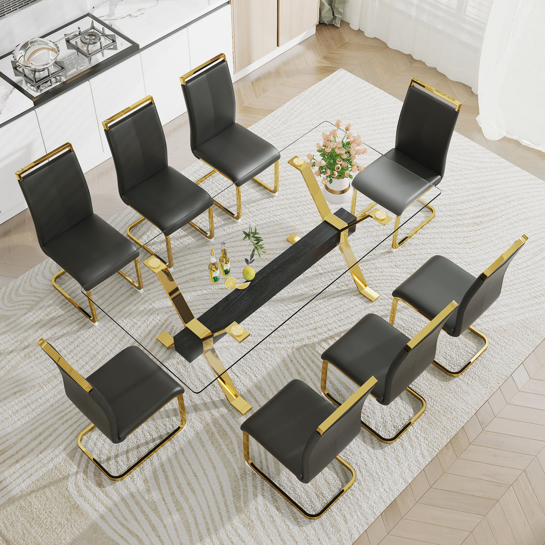 1 Table And 8 Chairs. Modern Simple Luxury Tempered Glass Rectangular Dining Table And Desk With 8 Black Pu Gold Plated Leg Chairs 79''X39''X30'' Transparent Glass