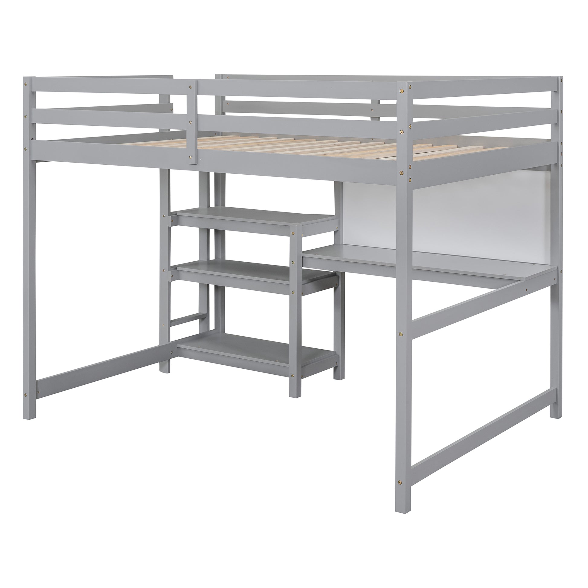 Full Size Wooden Loft Bed With Shelves, Desk And Writing Board Gray Full Gray Solid Wood Mdf