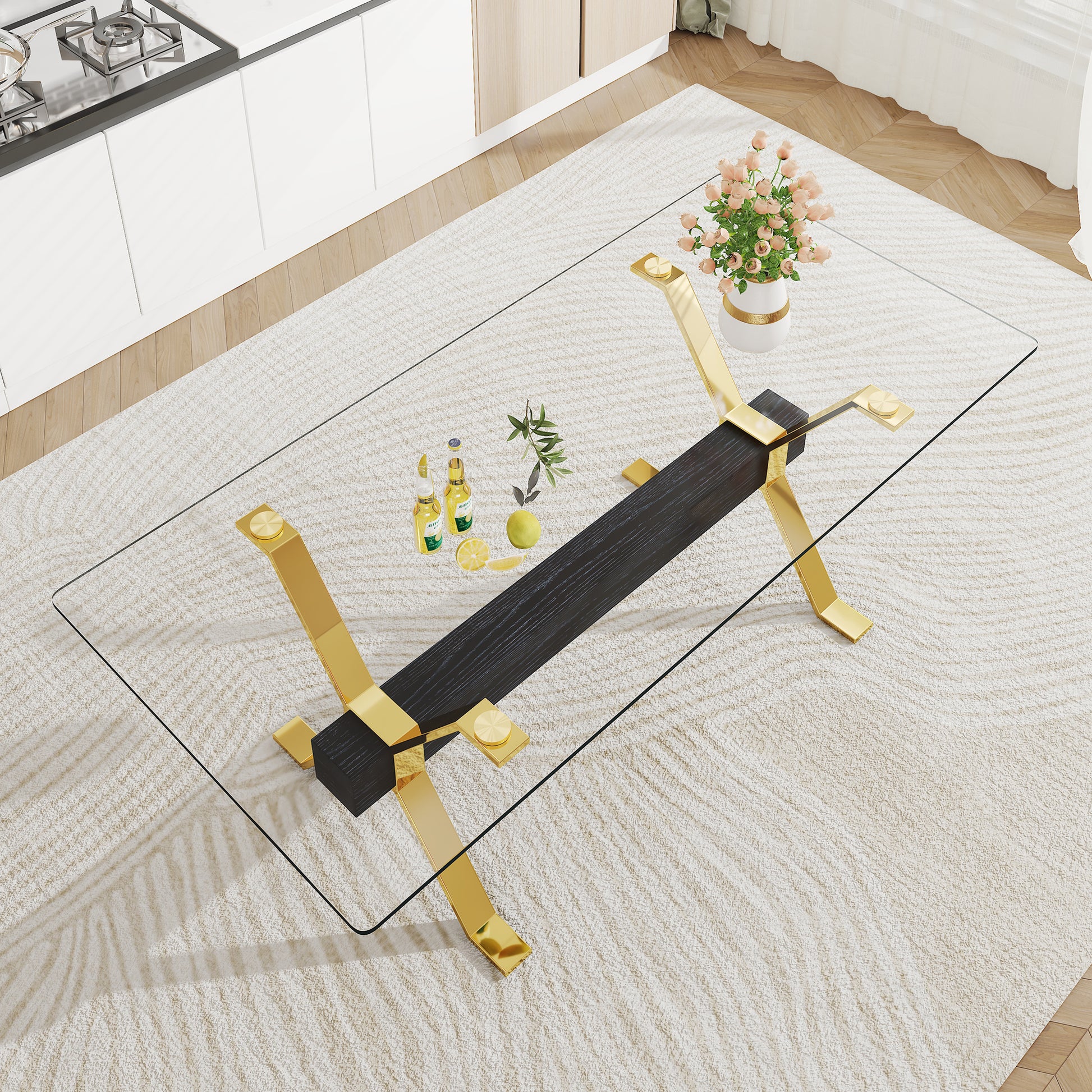 Dining Table. Modern Tempered Glass Dining Table. Large Modern Office Desk With Gold Plated Metal Legs And Mdf Crossbars, Suitable For Both Home And Office Use. Kitchen. 79 ''X39''X30 '' 1105 Transparent Glass