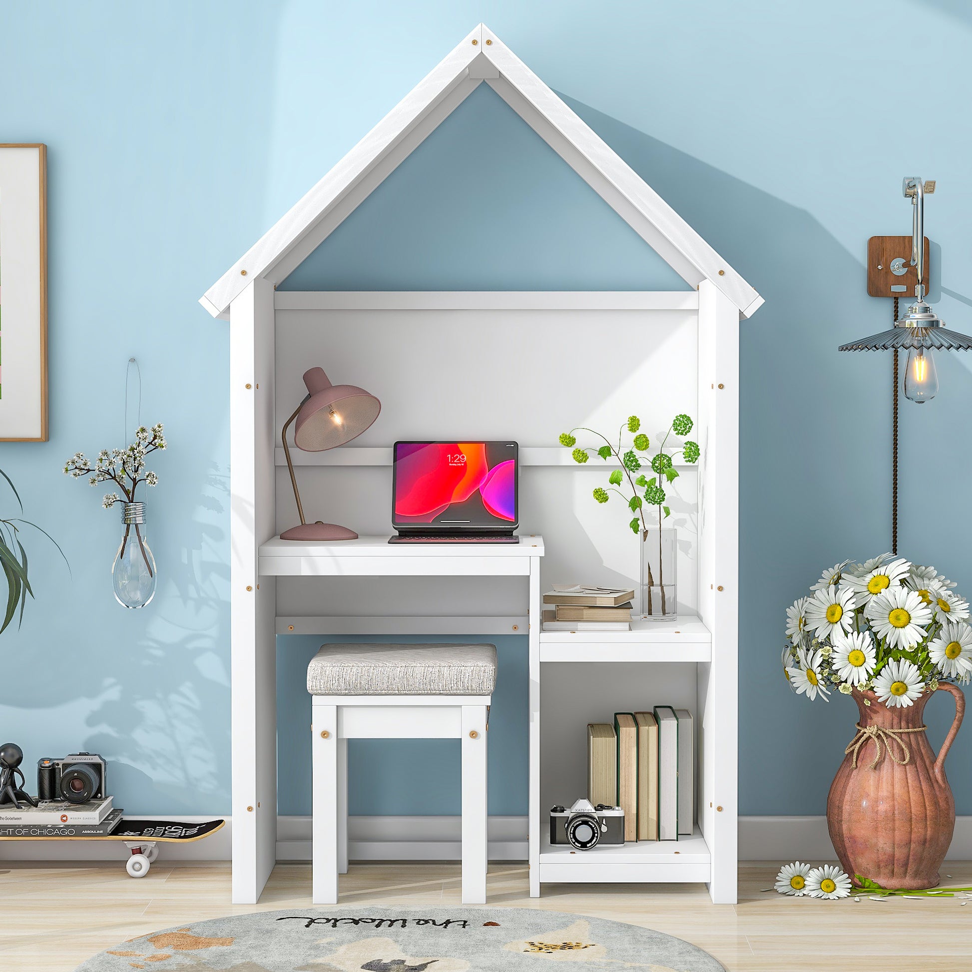 House Shaped Kids Desk With A Cushion Stool,House Style Desk And Stool Set,White White Bedroom American Design Pine Pine