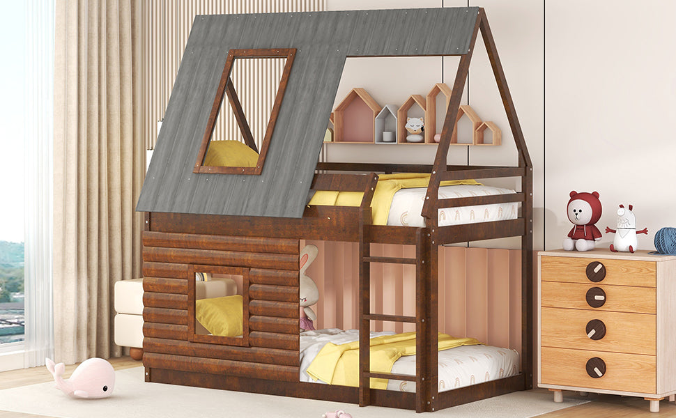 Wood Twin Size House Bunk Bed With Roof, Ladder And 2 Windows, Oak & Smoky Grey Box Spring Not Required Twin Brown Wood Bedroom Pine Solid Wood Mdf