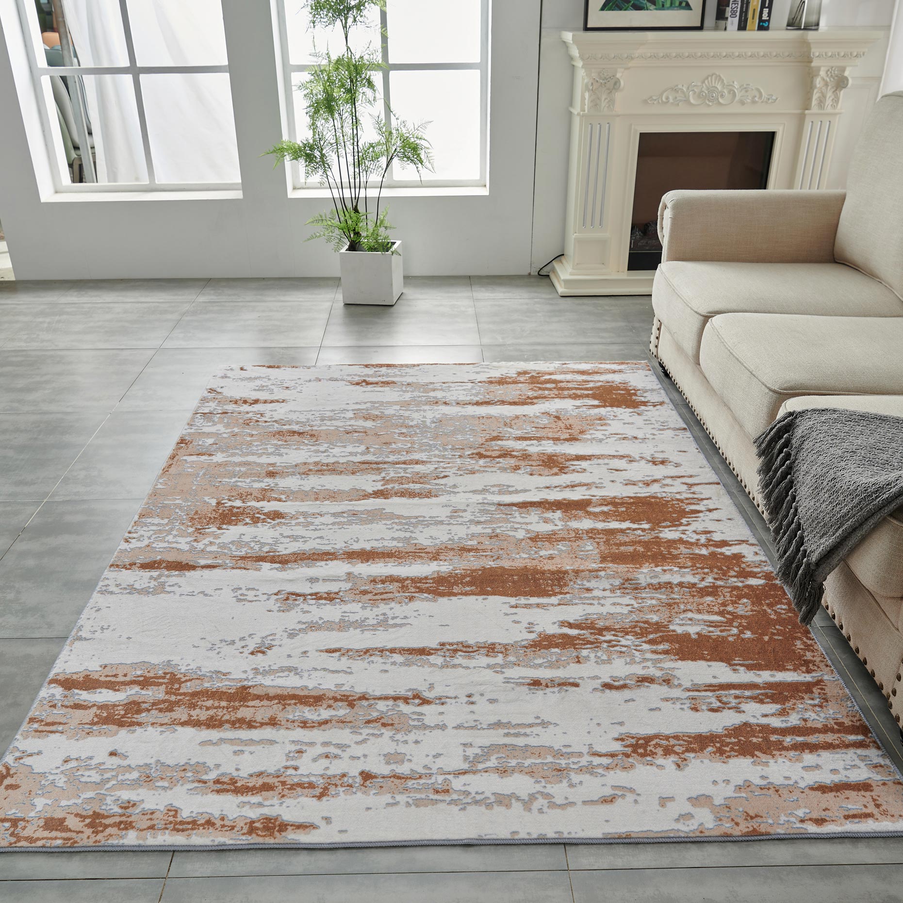 Zara Collection Abstract Design Gray Brown Rust Machine Washable Super Soft Area Rug Multicolor Polyester