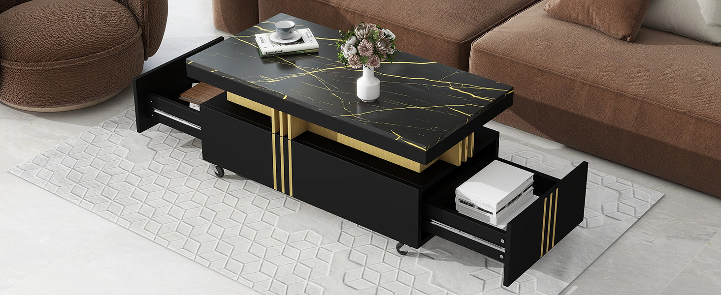 Contemporary Coffee Table With Faux Marble Top, Rectangle Cocktail Table With Caster Wheels, Moderate Luxury Center Table With Gold Metal Bars For Living Room, Black Black Casters Or Wheels Primary Living Space Freestanding Rectangular Drawers Coffee &