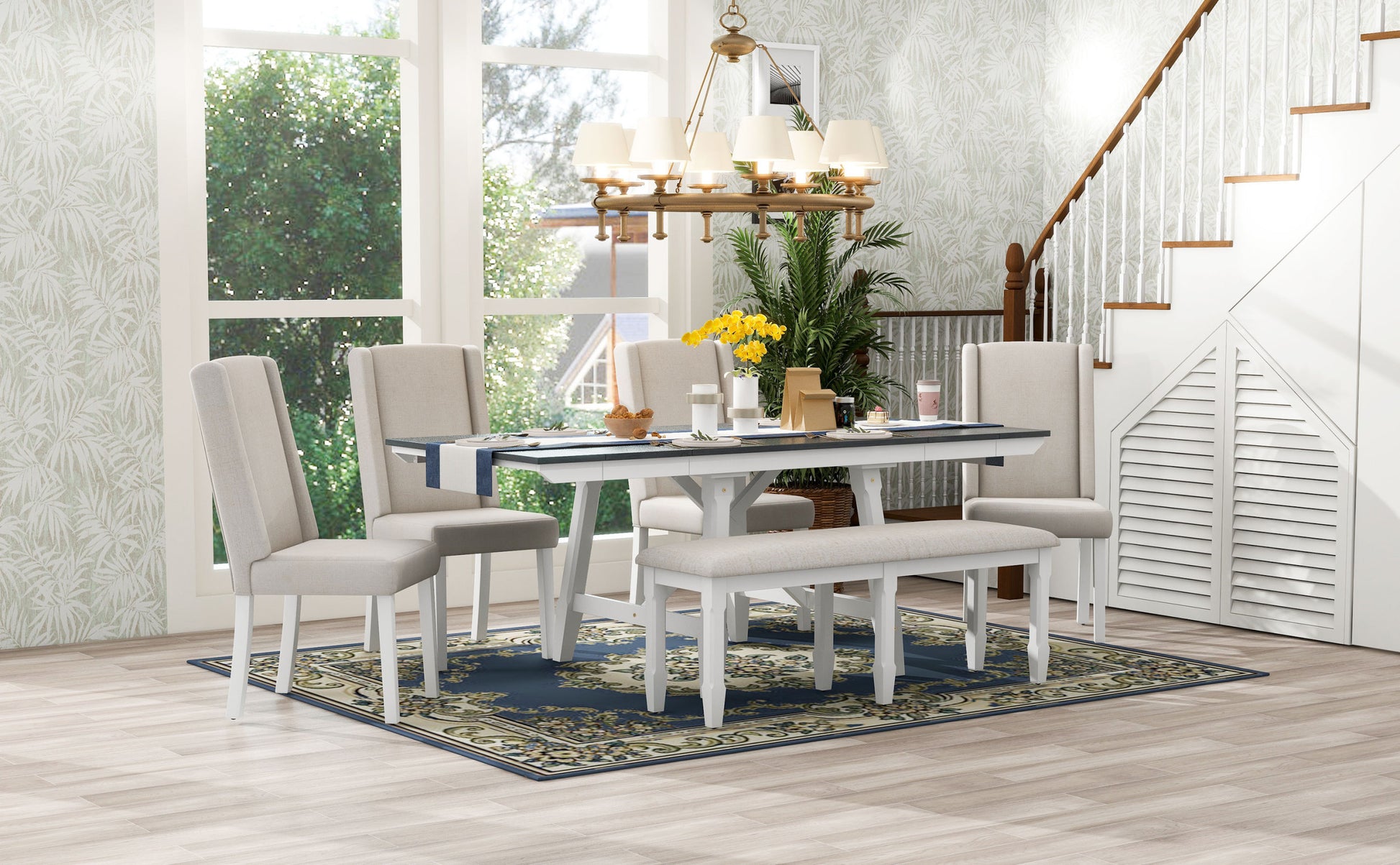 6 Piece Classic Dining Table Set, Rectangular Extendable Dining Table With Two 12"W Removable Leaves And 4 Upholstered Chairs & 1 Bench For Dining Room Gray White White Gray Solid Wood