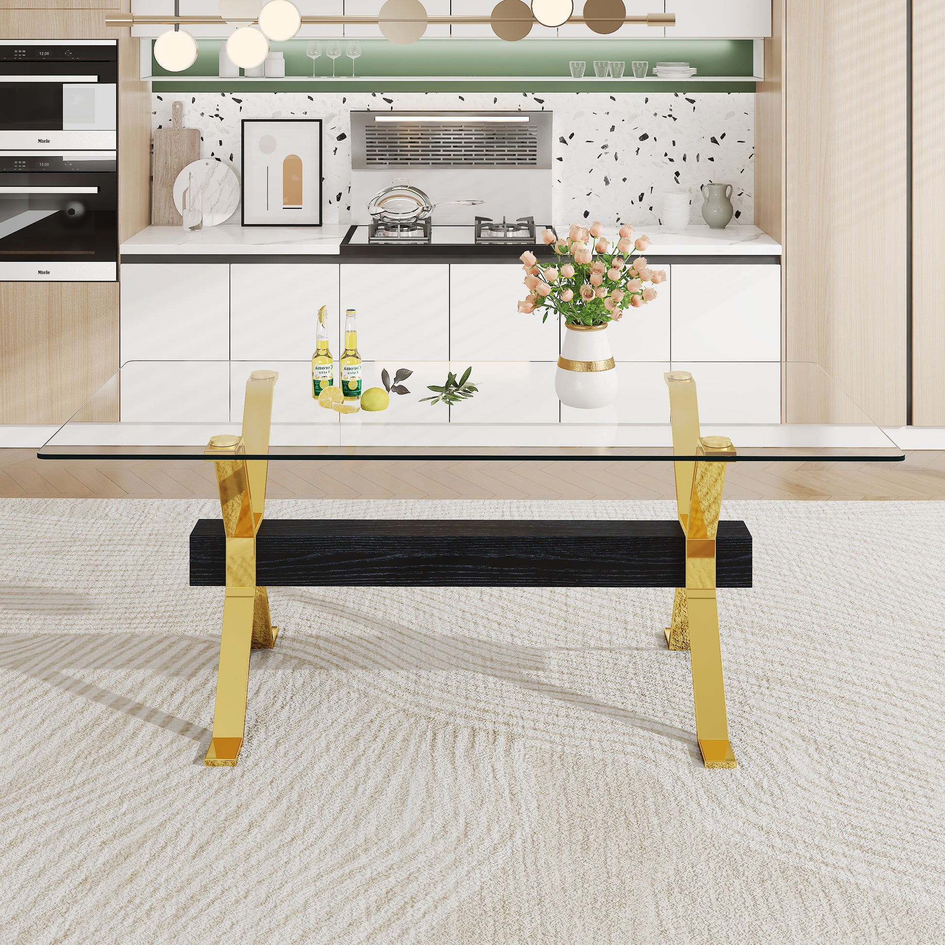 Dining Table. Modern Tempered Glass Dining Table. Large Modern Office Desk With Gold Plated Metal Legs And Mdf Crossbars, Suitable For Both Home And Office Use. Kitchen. 79 ''X39''X30 '' 1105 Transparent Glass