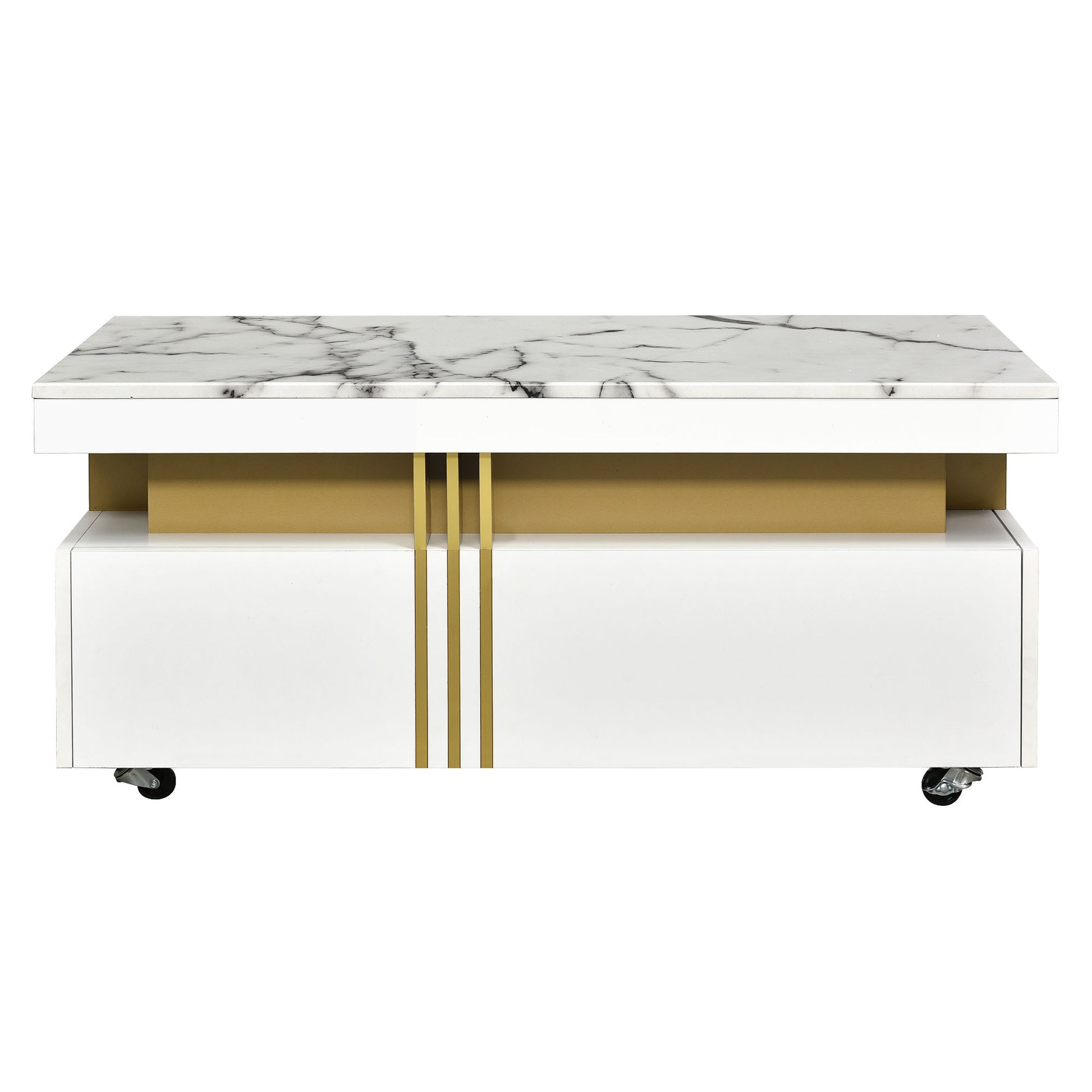 Contemporary Coffee Table With Faux Marble Top, Rectangle Cocktail Table With Caster Wheels, Moderate Luxury Center Table With Gold Metal Bars For Living Room, White White Casters Or Wheels Primary Living Space Freestanding Rectangular Drawers Coffee &