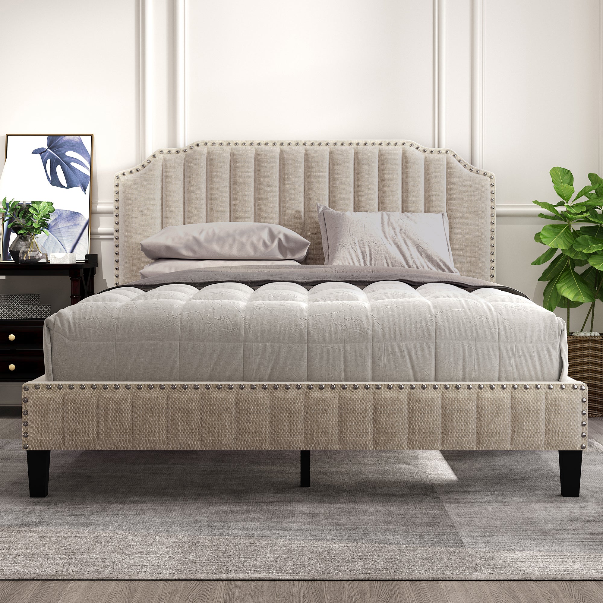 Modern Linen Curved Upholstered Platform Bed , Solid beige-upholstered